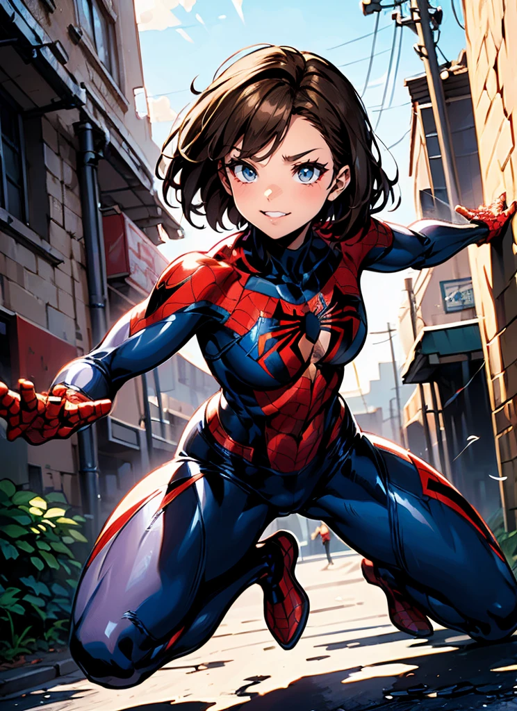 (8k),(masterpiece),(Japanese),(8-year-old girl),((innocent look)),((Childish)),From the front,smile,cute,Innocent,Kind eyes,Flat chest,Hairless vagina, Cameltoe, Spider-Man Costume, Black superhero mask,Short,Black Hair,Strong wind,night,dark, Neon light cyberpunk city