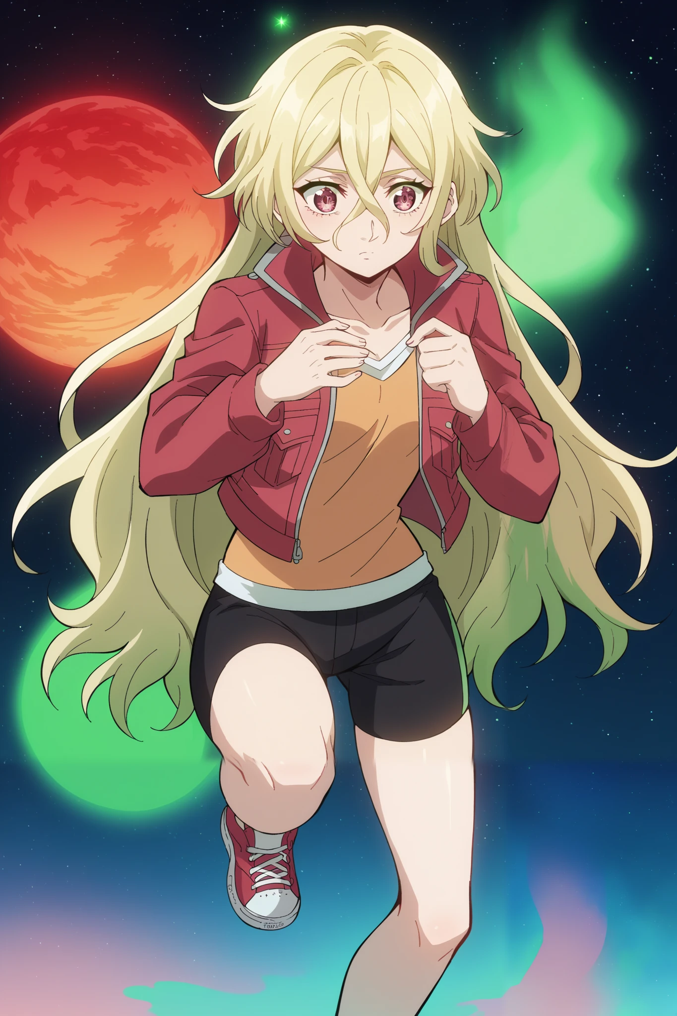 score_9, score_8_up, score_7_up, score_6_up, score_5_up, blonde facing the viewer , 1 sixteen year old girl, long-haired blonde, fragile, slim, light golden long hair , bangs on the forehead, hair between eyes , raspberry eyes , dark pink eyes , Warm jacket, warm shorts , warm tights , crimson sneakers , pressed her hands to her chest , around her body light green electrical discharges, green aura, green glow , in the background a huge sea wave , walks along the glowing green lines , around outer space , stars , planets, nebulae, pleiades , of the