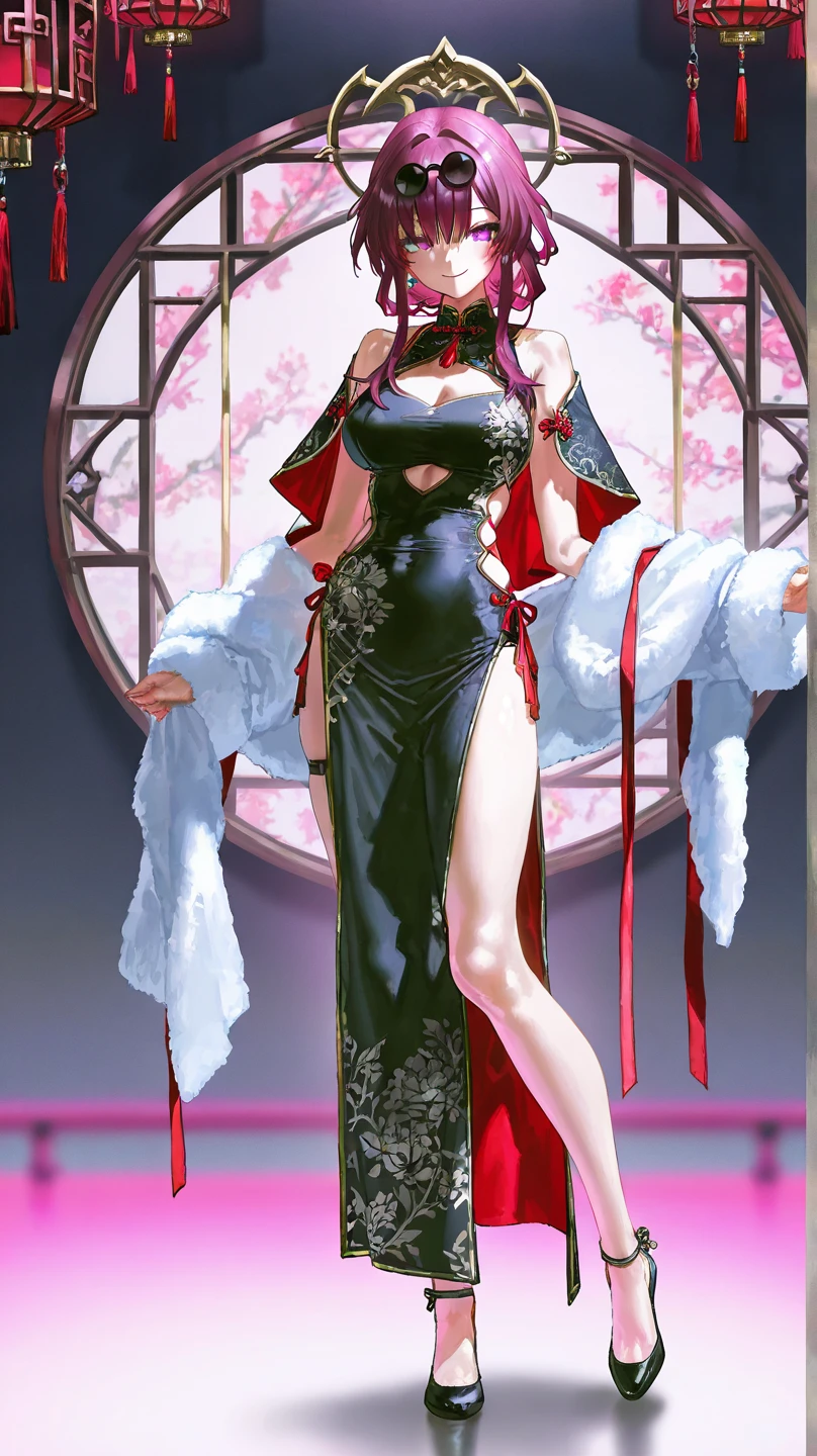 Female with long black straight hair, hairpin, big breasts, cleavage, Tang Dynasty imperial concubine’s dress, flowery shoes, Chinese palace