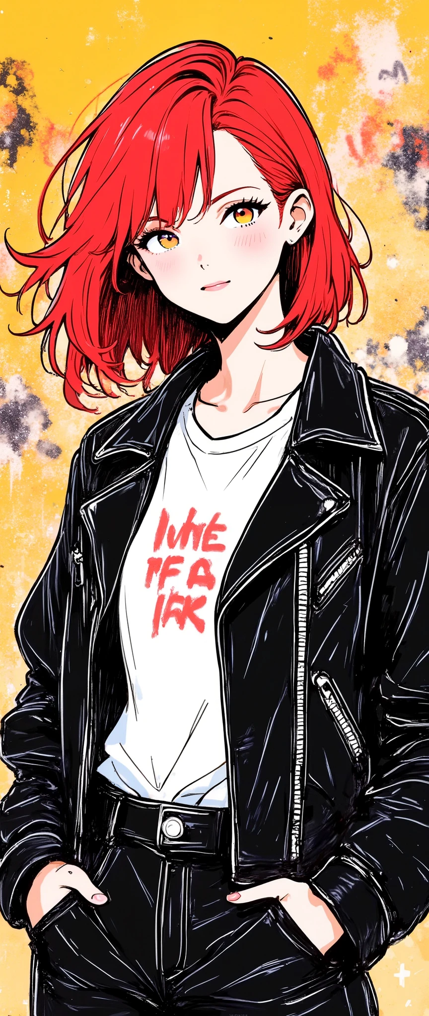 Masterpiece, illustration,  vector art,, Abstract,  1 girl,  detailed face, , sexy, Red Hair,  staring at the viewer ,  leather jacket, punkなTシャツ , punk,  beautiful eyes, whole body, punkアート, (The background is a pop graffiti wall)