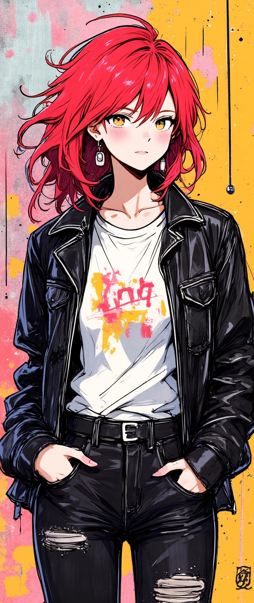 Masterpiece, illustration, vector art,, Abstract, 1 girl, detailed face, , sexy, Red Hair, staring at the viewer , leather jacket, punkなTシャツ , punk, beautiful eyes, whole body, punkアート, (The background is a pop graffiti wall)