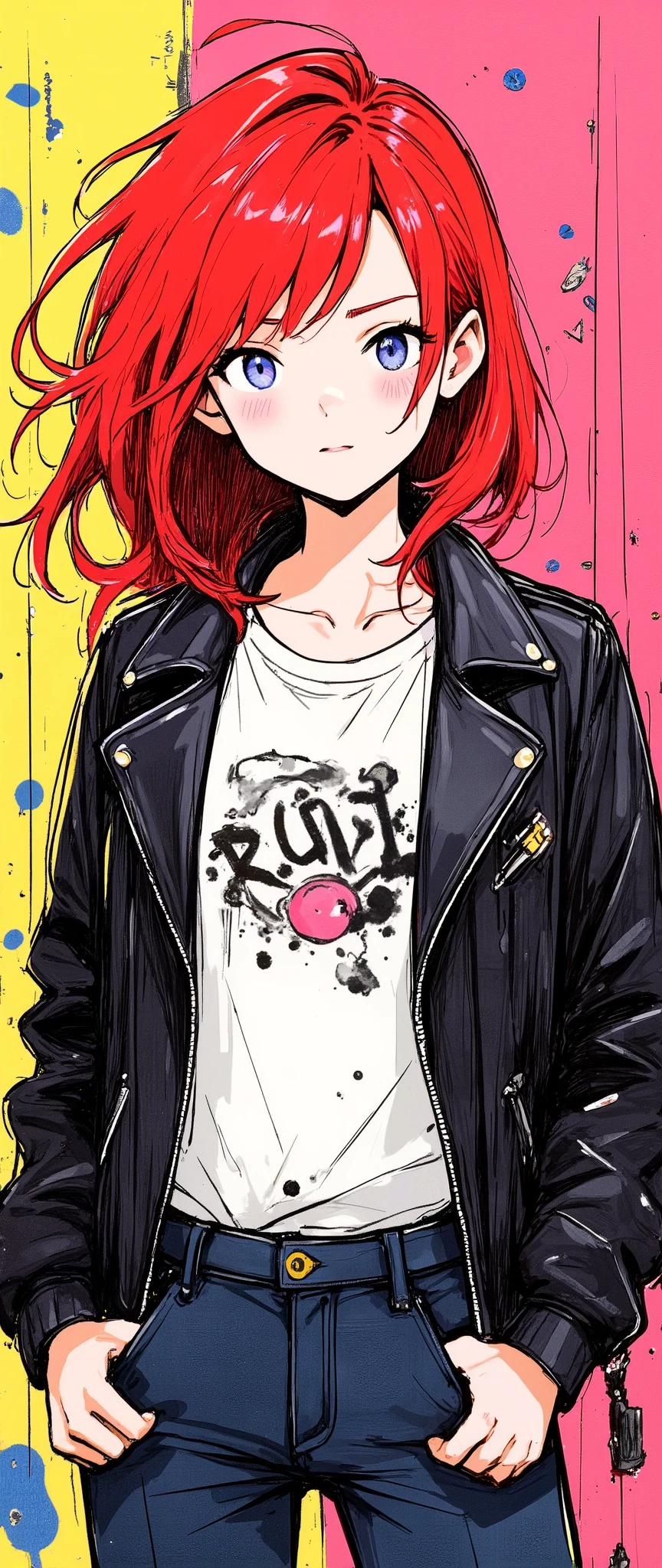 Masterpiece, illustration, vector art,, Abstract, 1 girl, detailed face, , sexy, Red Hair, staring at the viewer , leather jacket, punkなTシャツ , punk, beautiful eyes, whole body, punkアート, (The background is a pop graffiti wall)