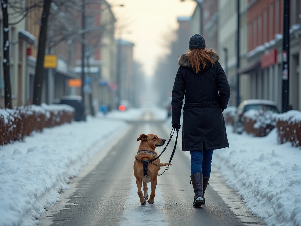 une femme ukrainienne d'une cinquantaine d'années, cheveux poivre et sel, cheveux courts, promène son chien dans une rue verglacée de la ville de Kamianets-Podilskyï, et est en train de chuter à cause du verglas