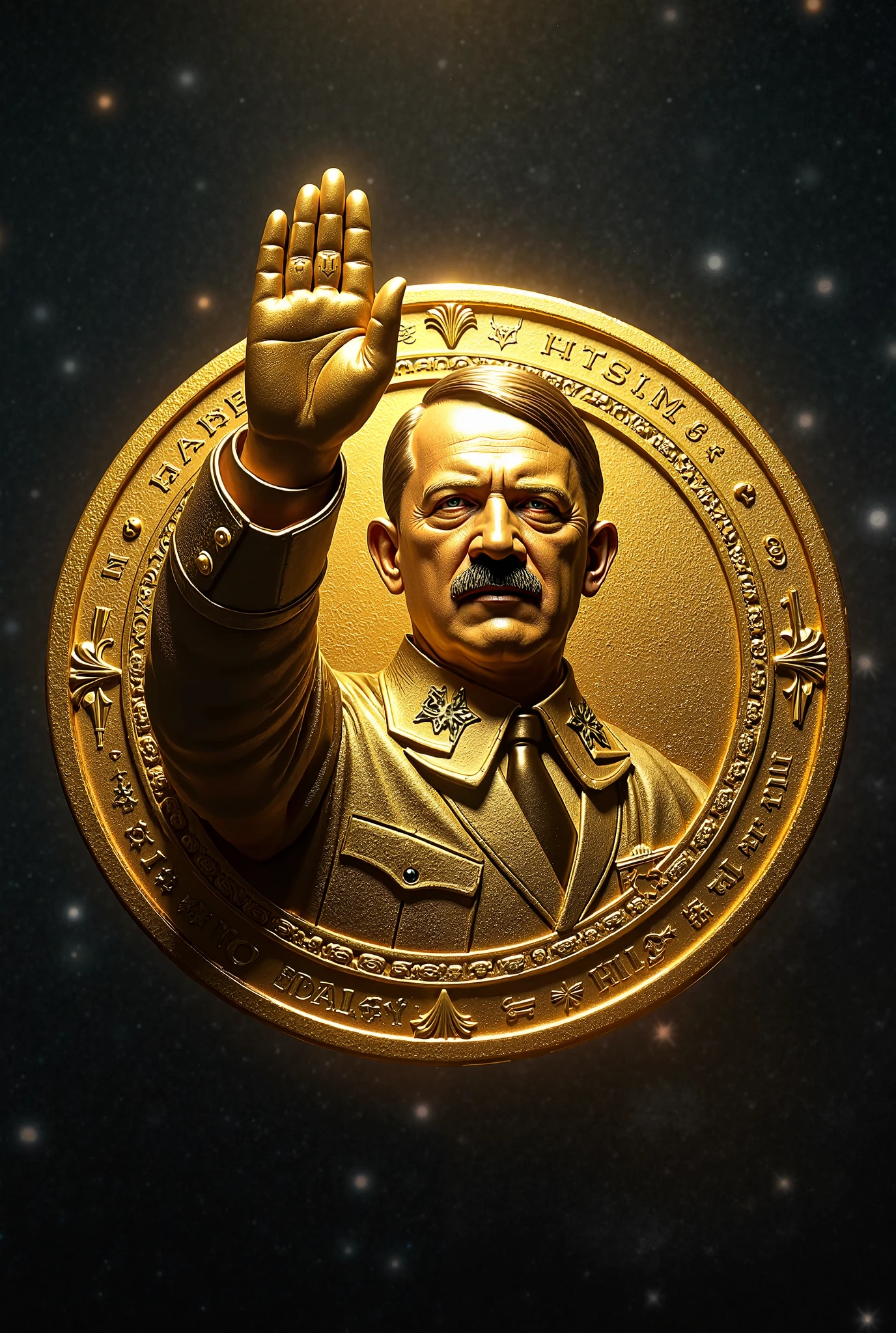 Adolf Hitler holds a statue of a dollar in his hands and stands on a planet.
ultra detail,
extremely detailed CG,
full detail,
realistic, 8k,
micro intricate,
masterpiece,
comicbookpencils,
by Kentaro Miura