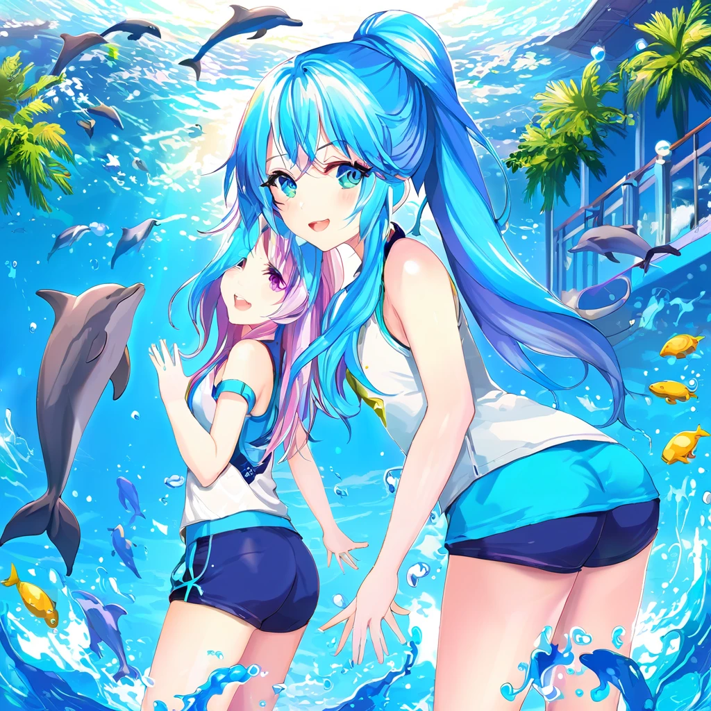 A wave rainbow of two girls. Anime. Rainbow. Wave. Cloud. Perfect facial features. Ethereal aura. Playing. Birds. Smile. Happy. rainbow wave. Shining 
