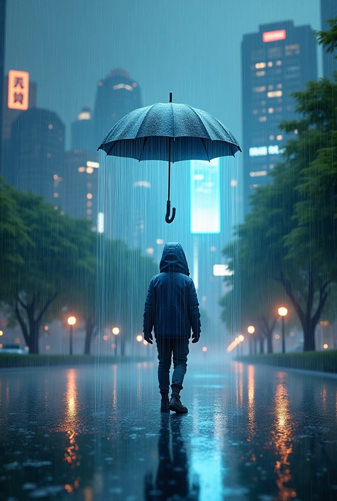 high quality, 8K Ultra HD, On the bottom "by: Dex inc.". A futuristic city background, character at the park raining. But the character is with his floating futuristic umbrella. The hovering umbrella isnt held by anything and is floating on top of the character.