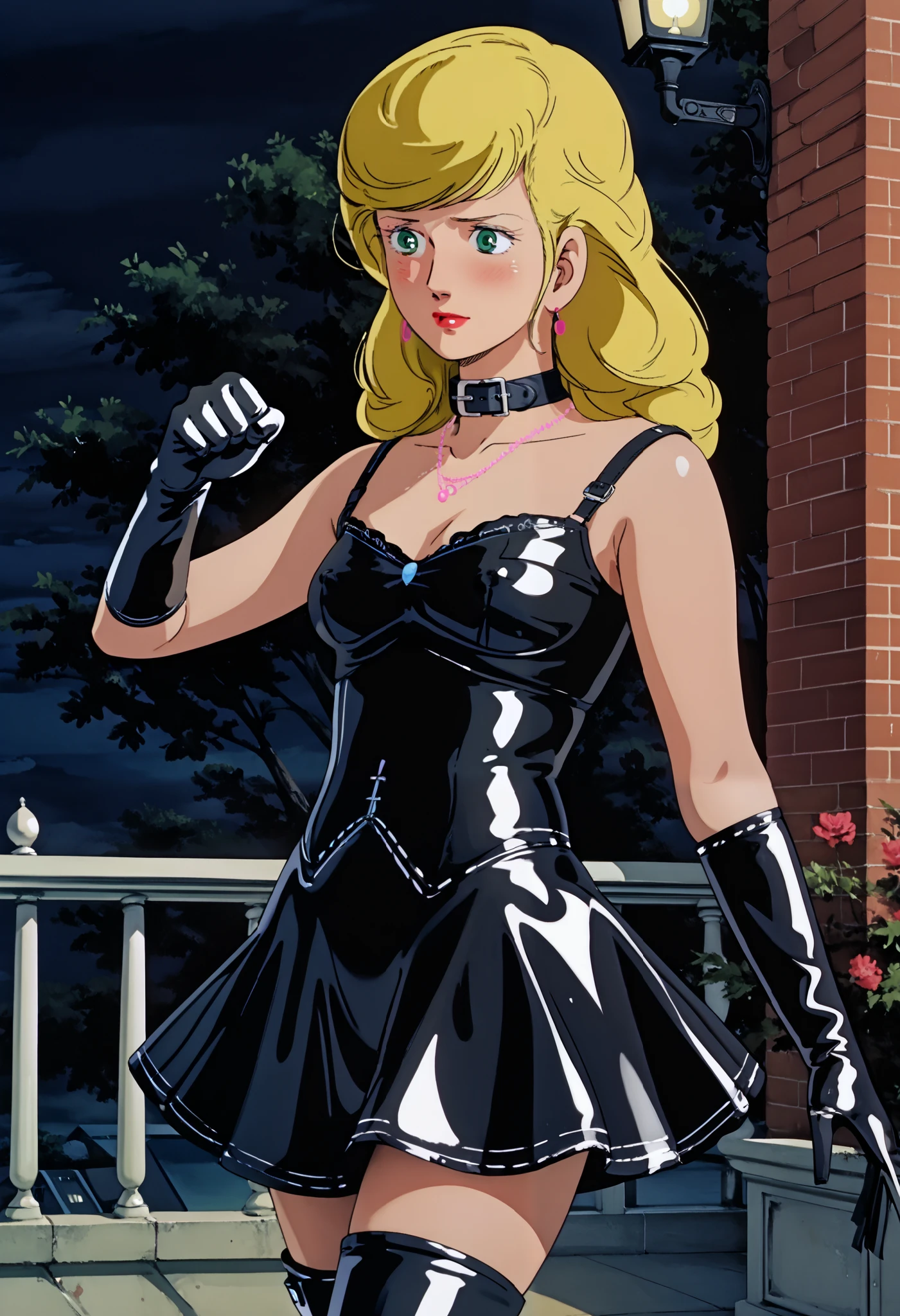 BDSM、Queen、mistress、(((One girl)))、solo、(((Black latex elbow gloves:1.4 )))、(((Black latex corset dress:1.4)))、(((The corset dress is decorated with beautiful lace.)))、(((Corset dress with shoulder straps)))、(((Black latex tight mini skirt:1.4)))、(((Black Thigh Boots)))、(((Black fishnet stockings:1.2 )))、(((Stiletto heels:1.4)))、(((Black latex panties)))、(((Black latex bra)))、(((Black leather collar)))、(((Sexy pose:1.4 )))、Wide-open legs:1.2、(((Erotic)))、(((Cowboy Shot)))、(((Sexy pose)))、Spread your legs、(((erotic)))、(((Cowboy Shot)))、(Anime cel style, masterpiece, highest quality, High resolution, Anime Color, Megami Magazine:1.2, Anime poster style, Anime key visual, sharp, 8k, Realistic), (Beautiful Eyes:1.5), Reiko_iwife, One girl, Blonde, Long Hair, (Beautiful Nudes), bikini, Cleavage, Fashion model style、8 heads、Slim figure、Are thin、(Upper Body, Sitting), (Perfectly detailed anatomy, Perfect Arms, Perfect Fingers, Beautiful Face, Perfect body), hot spring, Sweaty、Wicked Smile、Grin、blush:1.4