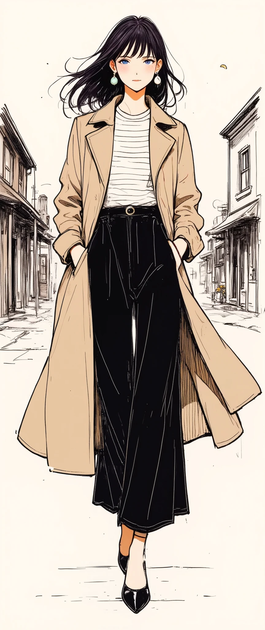 Masterpiece, illustration, vector art,, Abstract, 1 girl, detailed face, ( Beige Trench Coat ),( Striped Cut and Sewn),(Black Wide Trousers ),( black high heels ),(Western Townscape ),( FASHION SNAP),( stylish)