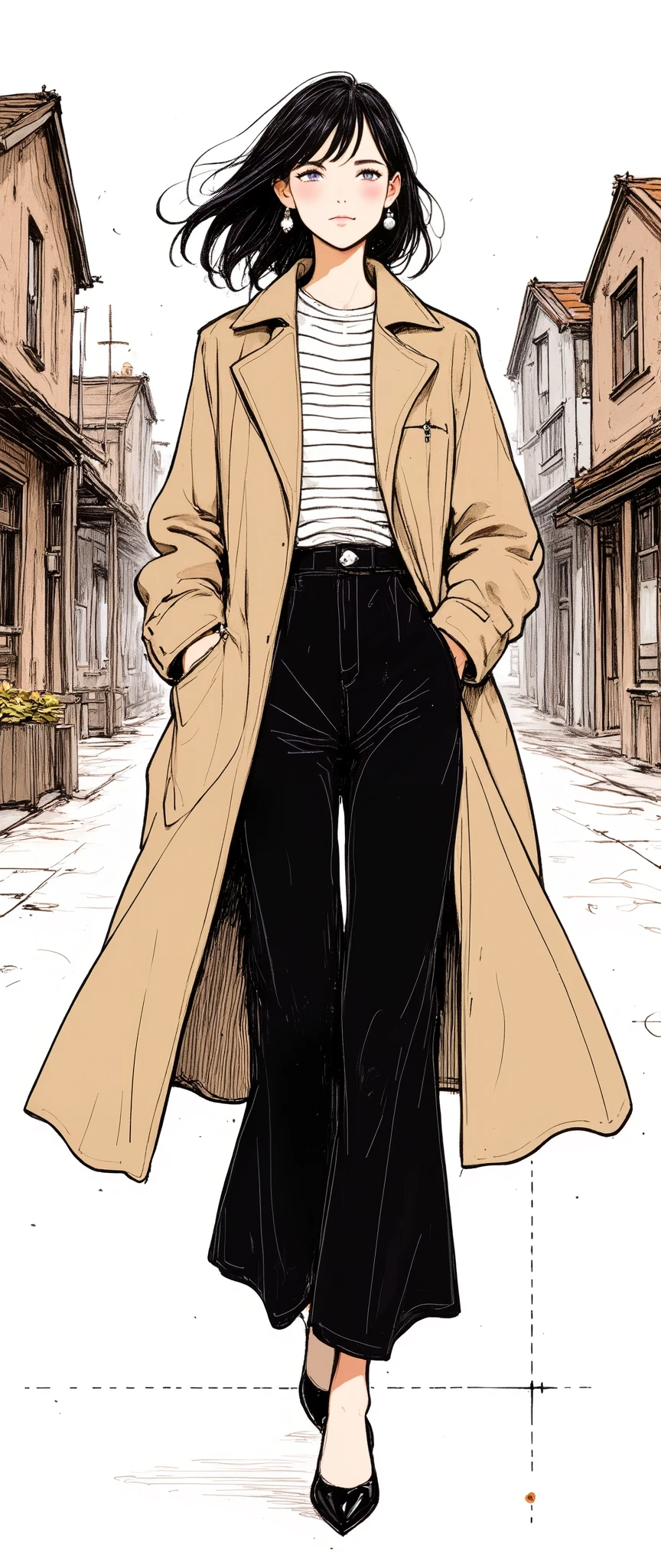 Masterpiece, illustration, vector art,, Abstract, 1 girl, detailed face, ( Beige Trench Coat ),( Striped Cut and Sewn),(Black Wide Trousers ),( black high heels ),(Western Townscape ),( FASHION SNAP),( stylish)