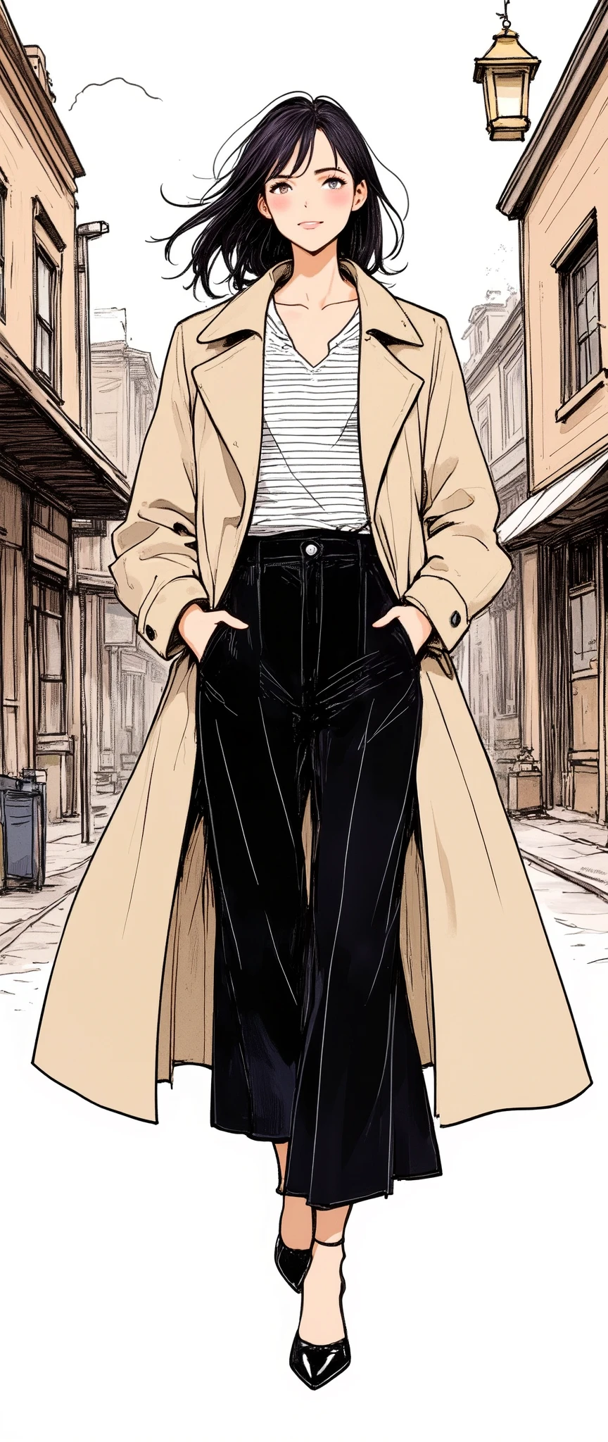 Masterpiece, illustration, vector art,, Abstract, 1 girl, detailed face, ( Beige Trench Coat ),( Striped Cut and Sewn),(Black Wide Trousers ),( black high heels ),(Western Townscape ),( FASHION SNAP),( stylish)