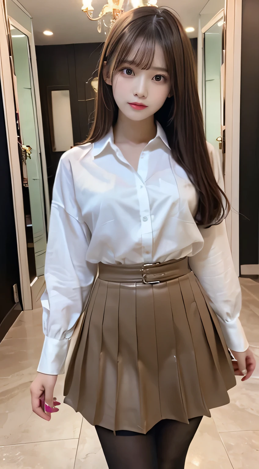 (Best Quality, masutepiece, Ultra HD: 1.3, High brightness, High color saturation), 1girl in, (middlebreasts), light brown hair, Asymmetrical hair, straight haired, Long hair, ( slender body shape, Constricted waist), (Ultra Fine Face), Delicate lips, (beautidful eyes), thin blush, eyes are brown, perfect glossy skin, View here, Smiling smile, ( hide one's hands), (Sitting on a bench), (thin and long legs, Thighs and toes:1.5), See-through white blouse, Tight skirt, (White pumps), (a japanese girl, hposing Gravure Idol), Broad-leaved forest, 135 mm, Fuji Film