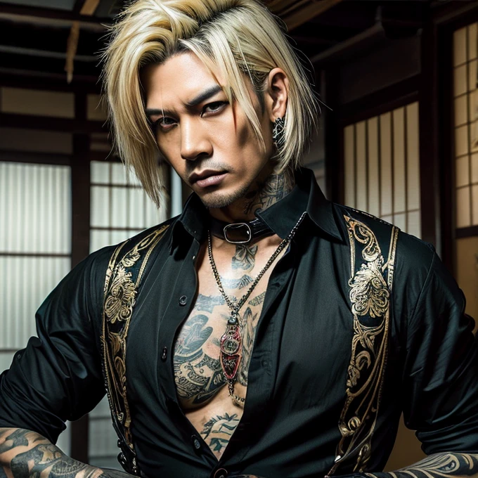 1 man, Japanese man, male, Asian eyes, muscular, broad shoulders, yakuza tattoos, hairstyle Visual Kei style, hair Visual Kei, black men's shirt and black pants, ultra detailed face, hyperrealistic, realistic representation, long hair, long hair, 30 years old, age 30 years, blond, blonde hair