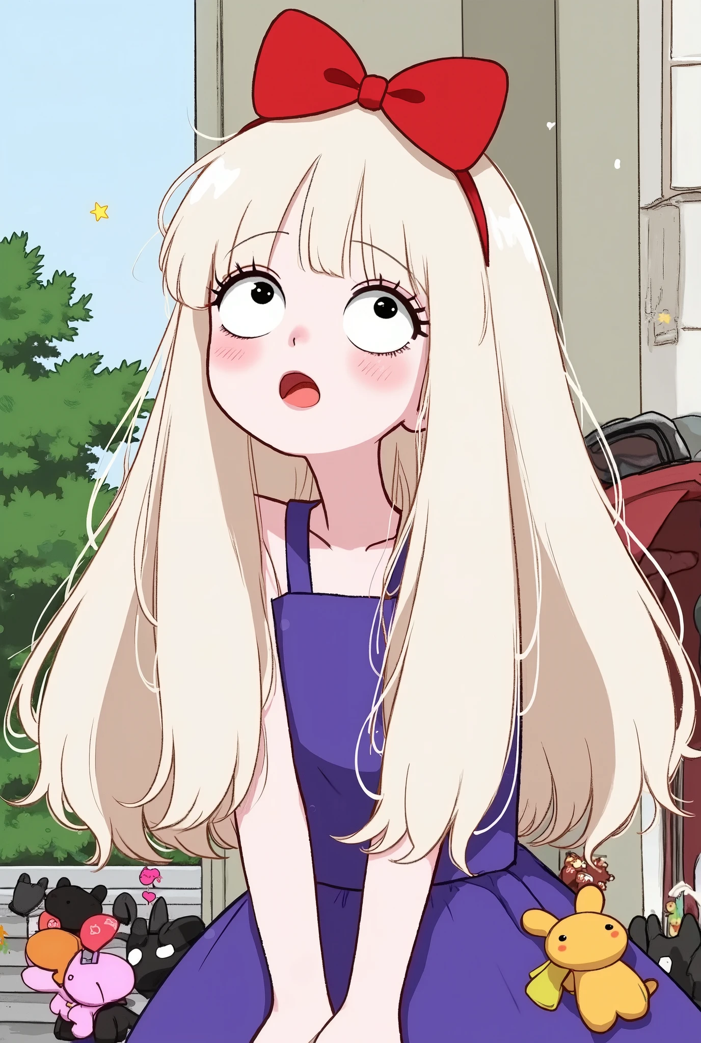 White hair，头上戴着红蝴蝶结的Anime Girl, Anime atmosphere, Lo-Fi Girl, flat anime style, Enoshima Shiunko ,  cute anime face ,  She has a cute expression, Cute anime manga style , In anime style,  Animated Cute Style , Anime Girl,  Anime Vision of a Cute Girl , cute kawaii girl,  Lovely Anime Style 