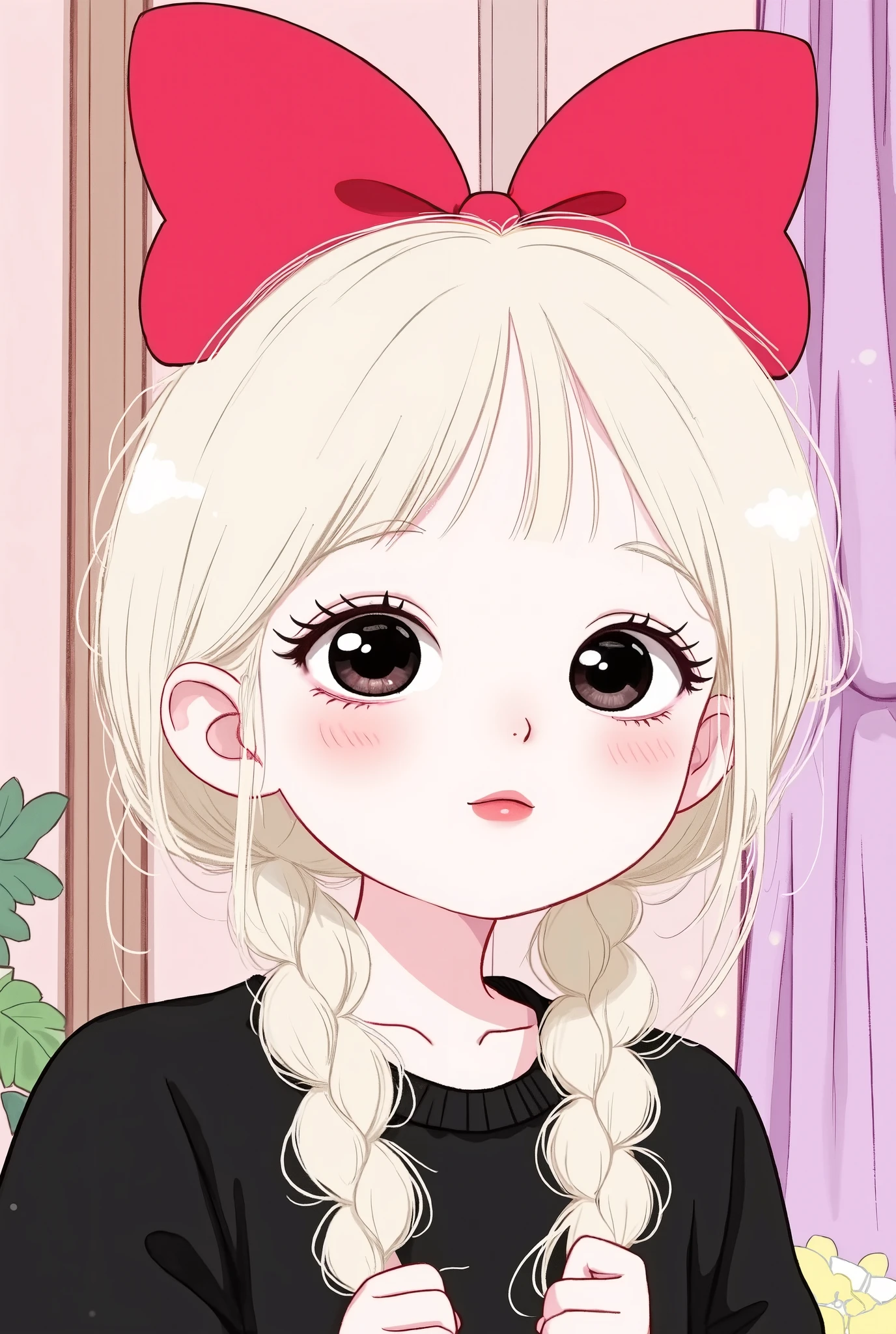 White hair,头上戴着红蝴蝶结的Anime Girl, Anime drawing inspired by Puru, tumblr, Folk Art, Anime atmosphere, Lo-Fi Girl, flat anime style, Enoshima Shiunko , cute anime face , She has a cute expression, Cute anime manga style , In anime style, Animated Cute Style , Anime Girl