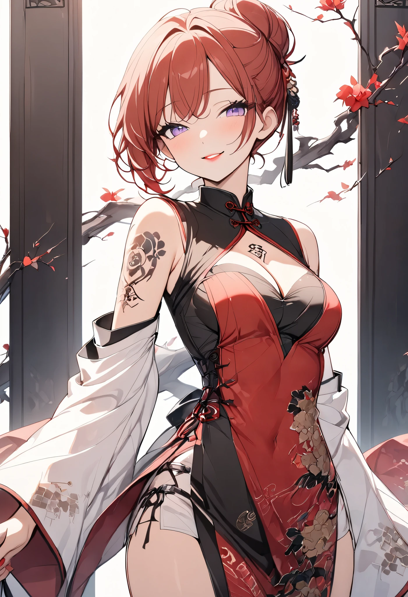 {{masterpiece、 Attention to Details, perfect eyes}}、(( white background 、from front, medium shot、 Cowboy Shot、 Eye Level Shots 、Solo Shot)) 1 woman、(deep red color hair、Red Hair、Bright Red Hair、Hair Bun)、Light purple eyes、half-closed eyes、 medium breasts 、smile、black chinese style costume、wide sleeves、cleavage、Red lipstick、Standing、Tattoo on arm、Chest Tattoos 、Has a smoking pipe