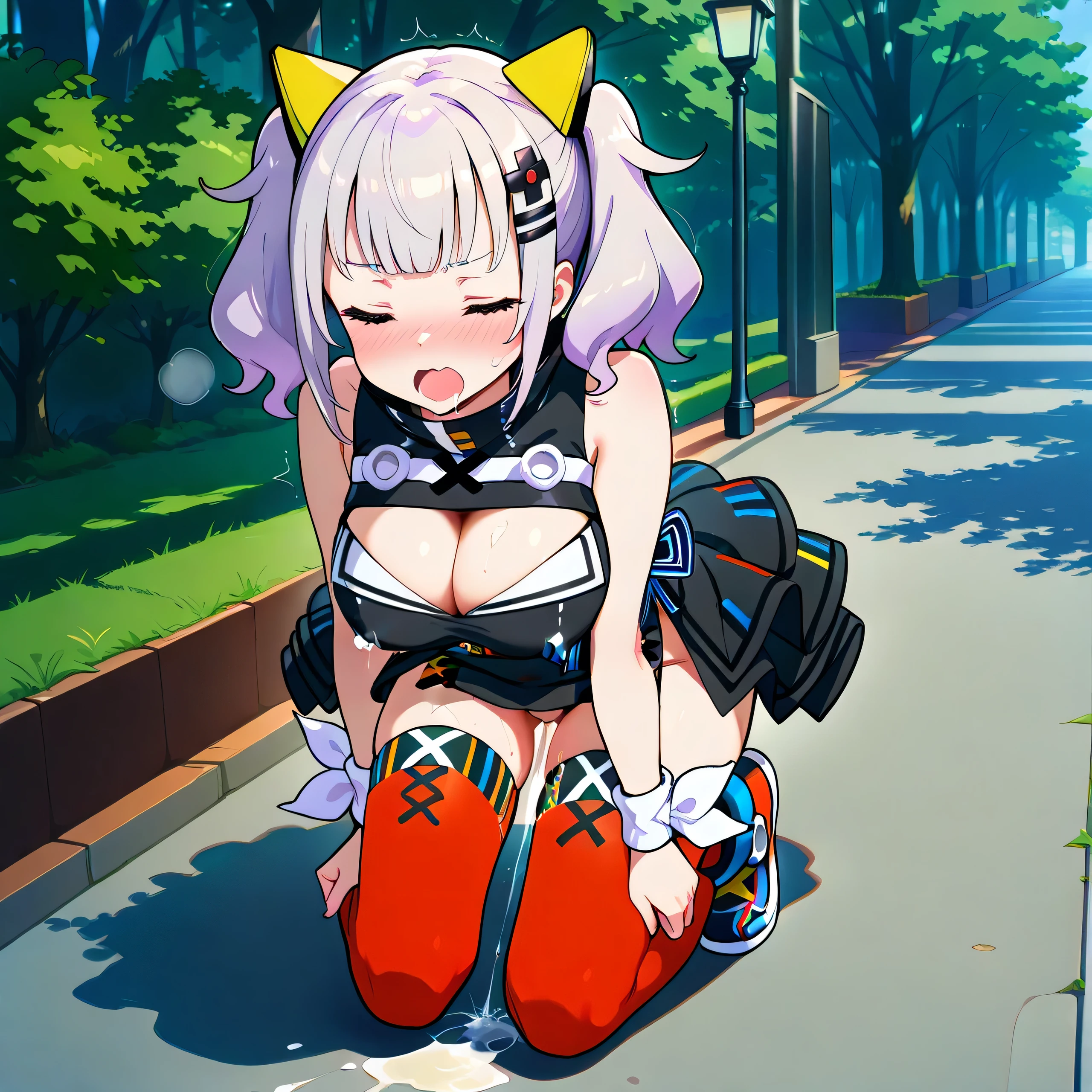 Make a beautiful work of art, da kirara mimi vtuber, Make it with your belly out, umbigo de fora, seios enormes a mostra, coxas bem sensuais, orelhas de hamster, olhos vermelhos, cabelos prateados, sentada, showing feet.