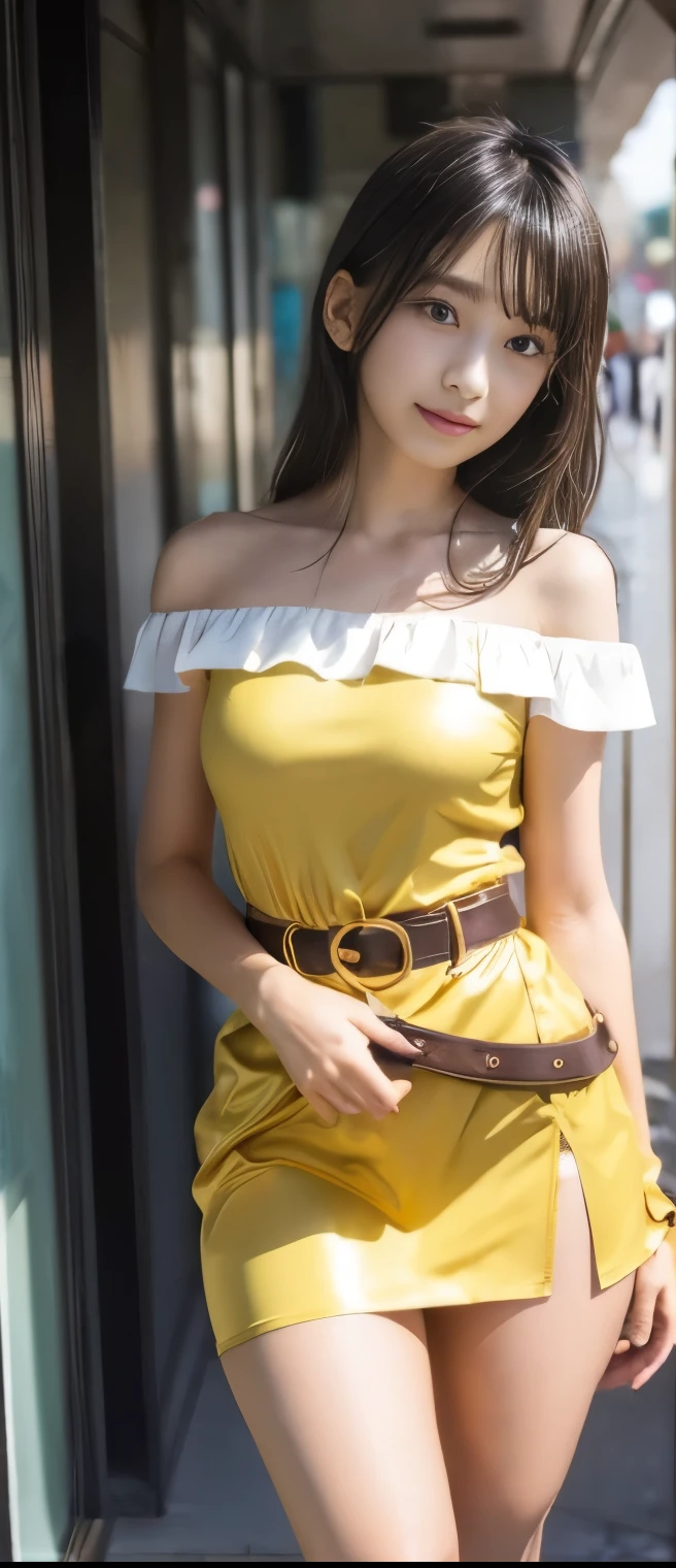 pure idol girl、A pure girl's face、Tanned Thick Legs 、gold punk tight dress( off shoulder)、、Gorgeous Belt 、Shy expression