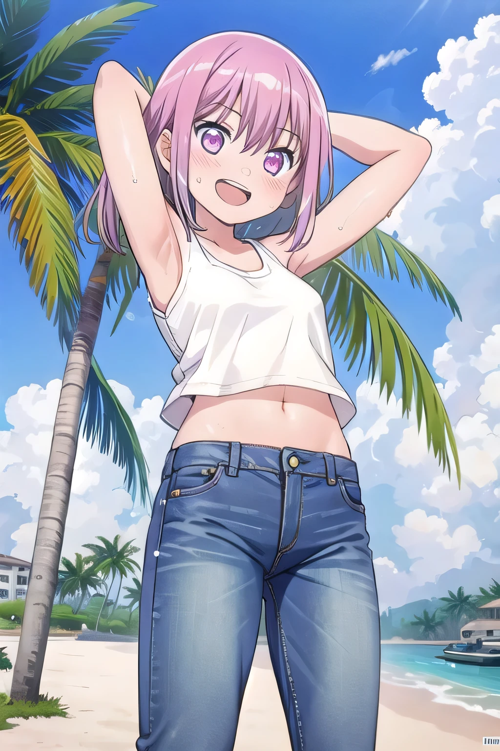 astolfo, Beautiful and slim perfect body, rasgos muy females, cuerpo female sexy muy delgado, flat chest, Pectorals, not breasts, very innocent smile, Girl, bright pink hair, spiky hair, short hair, a long braid, lock of white hair on left side, almost non-existent shorts, top that barely goes up the chest, off shoulder top, long fishnet stockings, female, small bulge in shorts, not penis, Eating an ice-cream, walking down the street