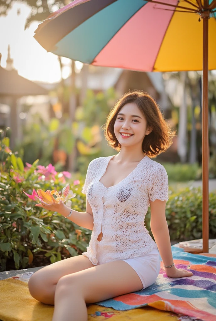 (ultra - detailed, 16K resolution, Cinema lenses, rendering by octane), (high resolution:1.18), intricate detail, (masterpiece:1.1), (highest quality:1.1), (1girl, portrait, white hair, blue eyes, short hair, detailed eyes),Wearing silver DJ headphones, 1 (Best quality, high resolution, Masterpiece: 1.3), a beautiful woman with a slender figure, (dark brown layered hairstyle), wearing a pendant, ((kebaya_bali)) outdoors, scenic beauty, lakes and mountains in distant background, details in face and skin texture beautifully rendered, details eyes, (best quality, high resolution, masterpiece: 1.3), a beautiful woman with a slim figure, (dark brown layered hairstyle),((kebaya_bali)), outdoors, background random, details in face and skin texture beautifully rendered, detail eyes, double eyelids, seductive laugh, feminine laugh, seductive pose