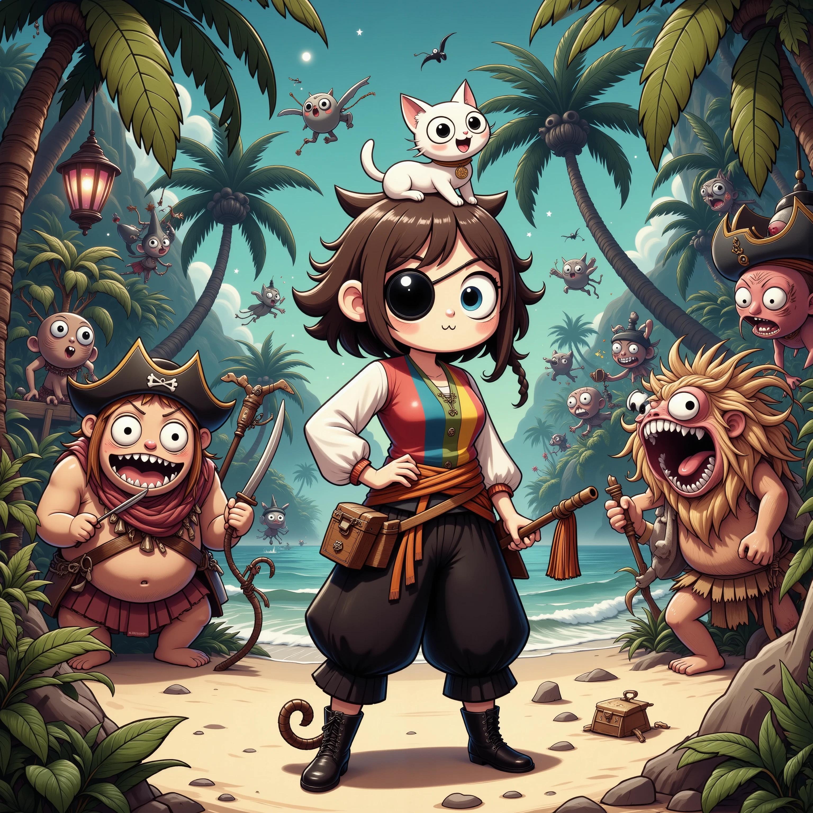 A cute woman 9age 20, huge breasts, rainbow puffy shirt, baggy black pantaloons, black pirate boots, eye patch, peg leg, irate captain hat), looking for treasure on a tropical island. her white cat rides on her shoulder. she must defeat/ or outsmart cartoonish cannibal natives to reach the treasure. high action, high drama, looney toon cartoonish action, comical danger, cartoonish antics
