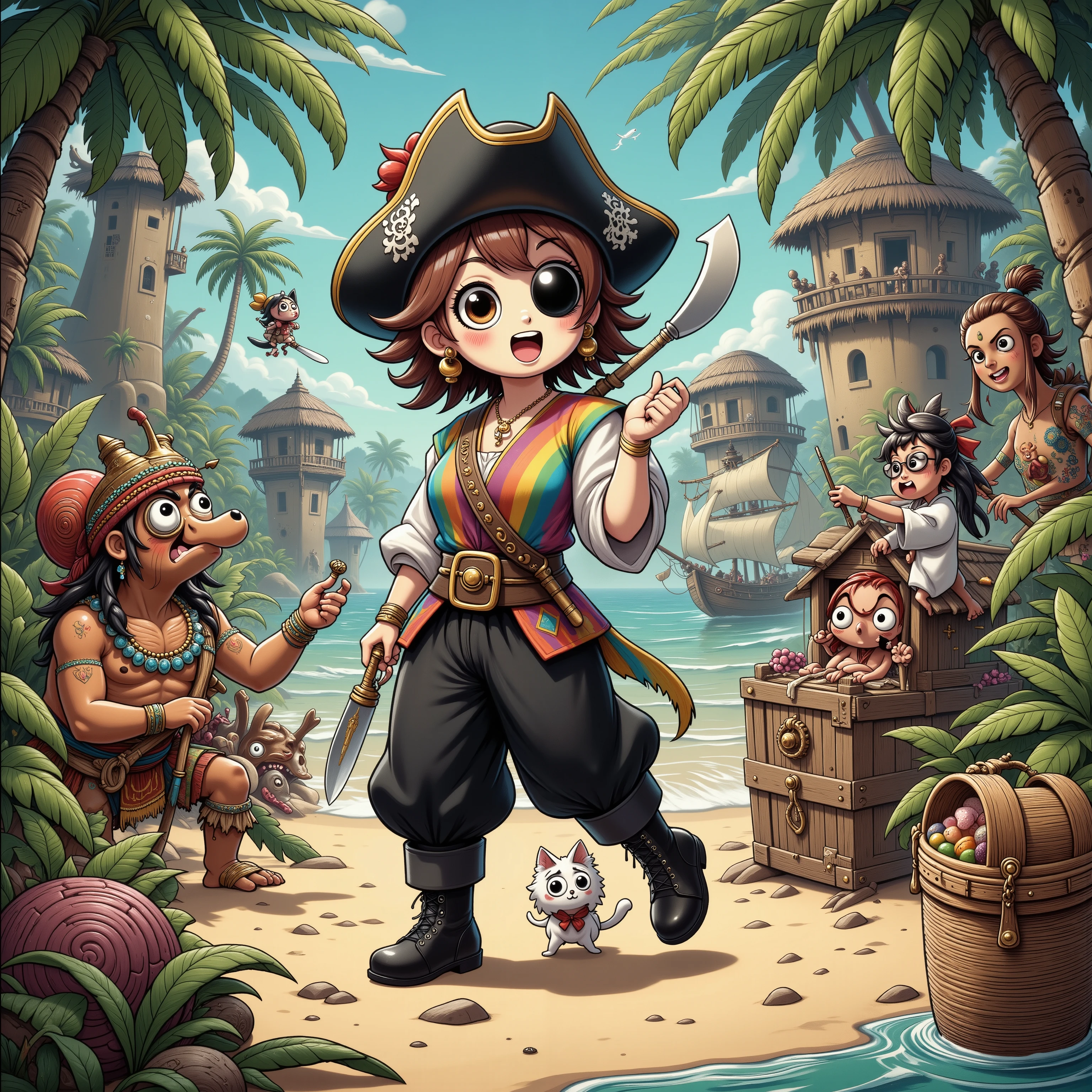 A cute woman 9age 20, huge breasts, rainbow puffy shirt, baggy black pantaloons, black pirate boots, eye patch, peg leg, irate captain hat), looking for treasure on a tropical island. her white cat rides on her shoulder. she must defeat/ or outsmart cartoonish cannibal natives to reach the treasure. high action, high drama, looney toon cartoonish action, comical danger, cartoonish antics