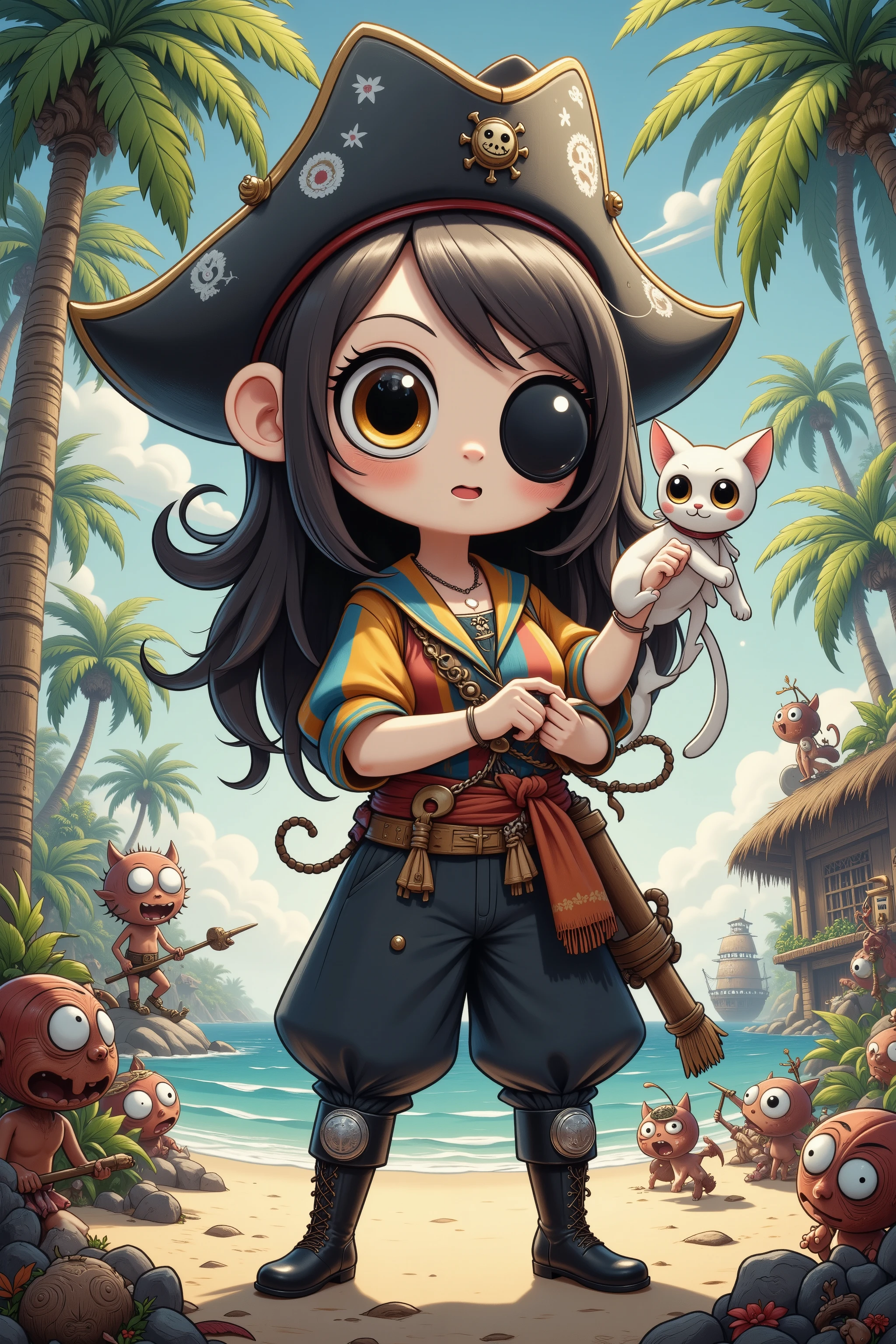 A cute woman 9age 20, huge breasts, rainbow puffy shirt, baggy black pantaloons, black pirate boots, eye patch, peg leg, irate captain hat), looking for treasure on a tropical island. her white cat rides on her shoulder. she must defeat/ or outsmart cartoonish cannibal natives to reach the treasure. high action, high drama, looney toon cartoonish action, comical danger, cartoonish antics