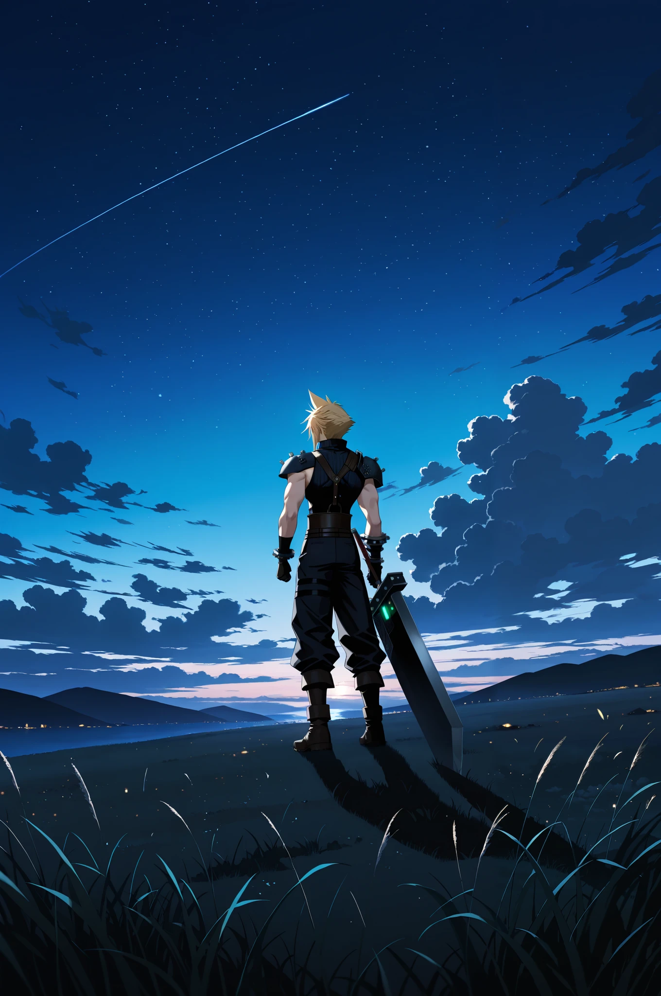 
masterpiece, best quality, amazing quality, very aesthetic, high resolution, ultra-detailed, absurdres, newest, holding buster sword, 1man, Cloud Strife, final fantasy, 1man, blonde_hair, outside, night time, masterpiece, best quality, amazing quality, very aesthetic, high resolution, ultra-detailed, absurdres, newest,