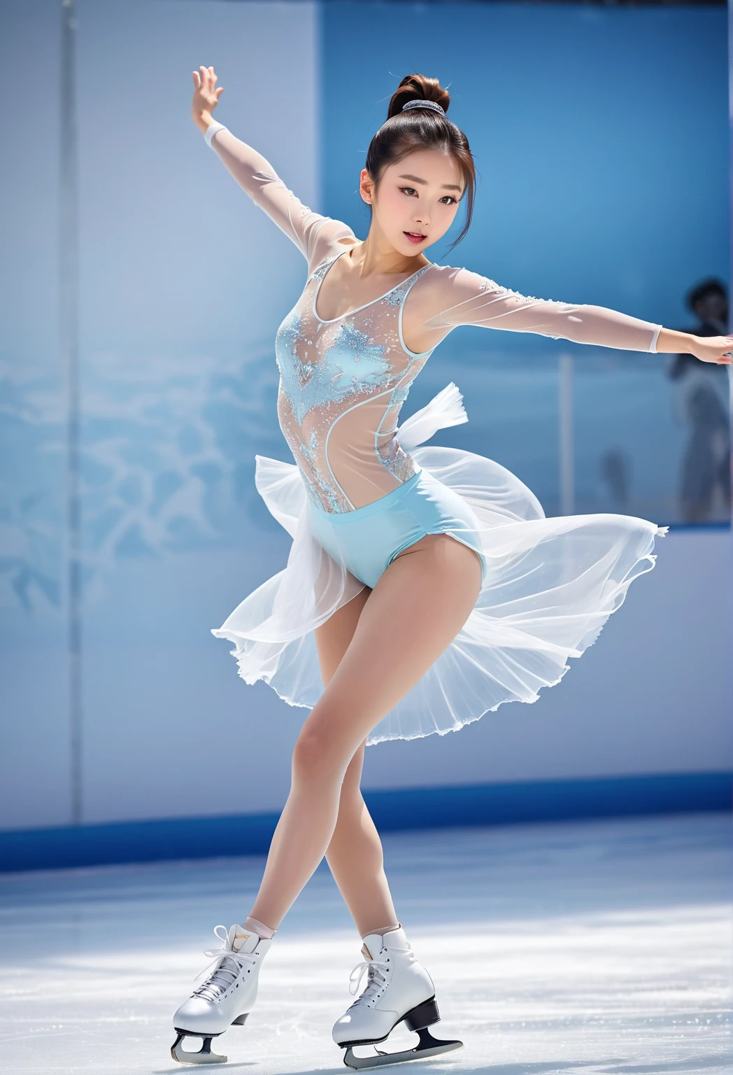 ((Full body)), (((perfect anatomy))),(((Ulzan 6500))),Dynamic portraits、Capture a beautiful Japanese skating ballet dancer in the middle of a leap, Frozen in breathtaking moments of elegance. The subject's graceful poses and flowing sexy outfits、It is accentuated by dynamic lighting and particle effects. The style of the photo is、It resembles an ethereal watercolor painting, Emphasis on fluidity and beauty. Camera parameters: Nikon Z6, f/1.4 apertures, ISO320, shutter speed 1/500,8k highest quality, Ballet competition background,