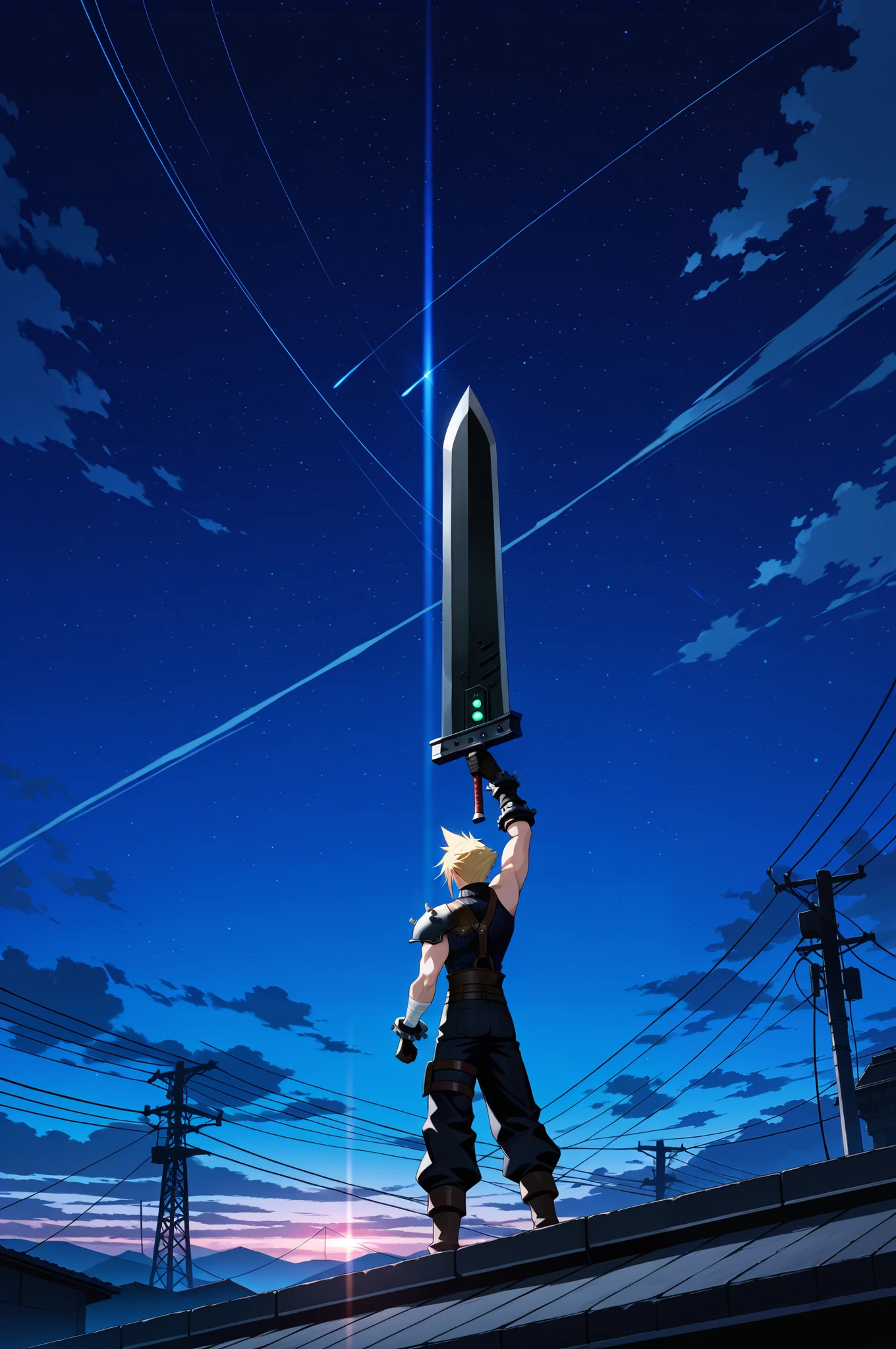 masterpiece, best quality, amazing quality, very aesthetic, high resolution, ultra-detailed, absurdres, newest, holding buster sword, 1man, Cloud Strife, final fantasy, 1man, blonde_hair, outside, night time, masterpiece, best quality, amazing quality, very aesthetic, high resolution, ultra-detailed, absurdres, newest,