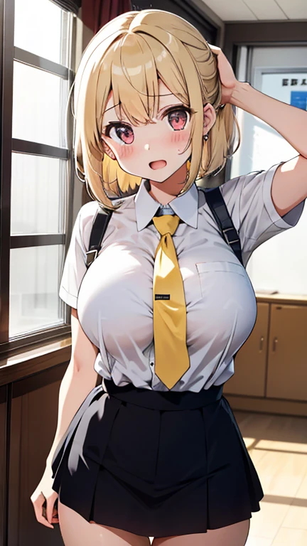1 Female, Age 20,whole body,Standing,Moving the subject far away,blonde perm hair,Gal,((face)), In the heat, Sulky face, Yellow Eyes,tits, White shirt,Navy blue tie,High quality anime, Vulgar,(90s Anime), ((Sweat)), Mastepiece, Ultra High Quality, High resolution, 8K, background:live-action,background:Super Real,background:Photographic school classroom,Window,sunlight,((Fisheye Lens)),backgroundボケ,(Low - Angle),