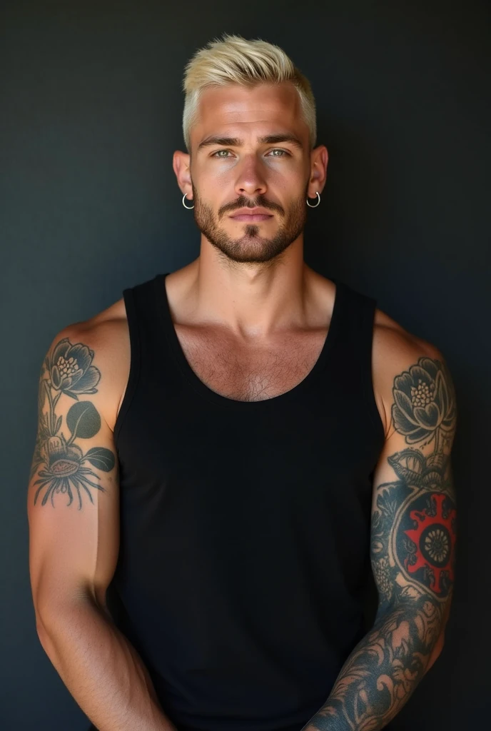 1boy, 25 years old, tan skin, white to blonde faded hair, full body tattoo, body hair, facial hair