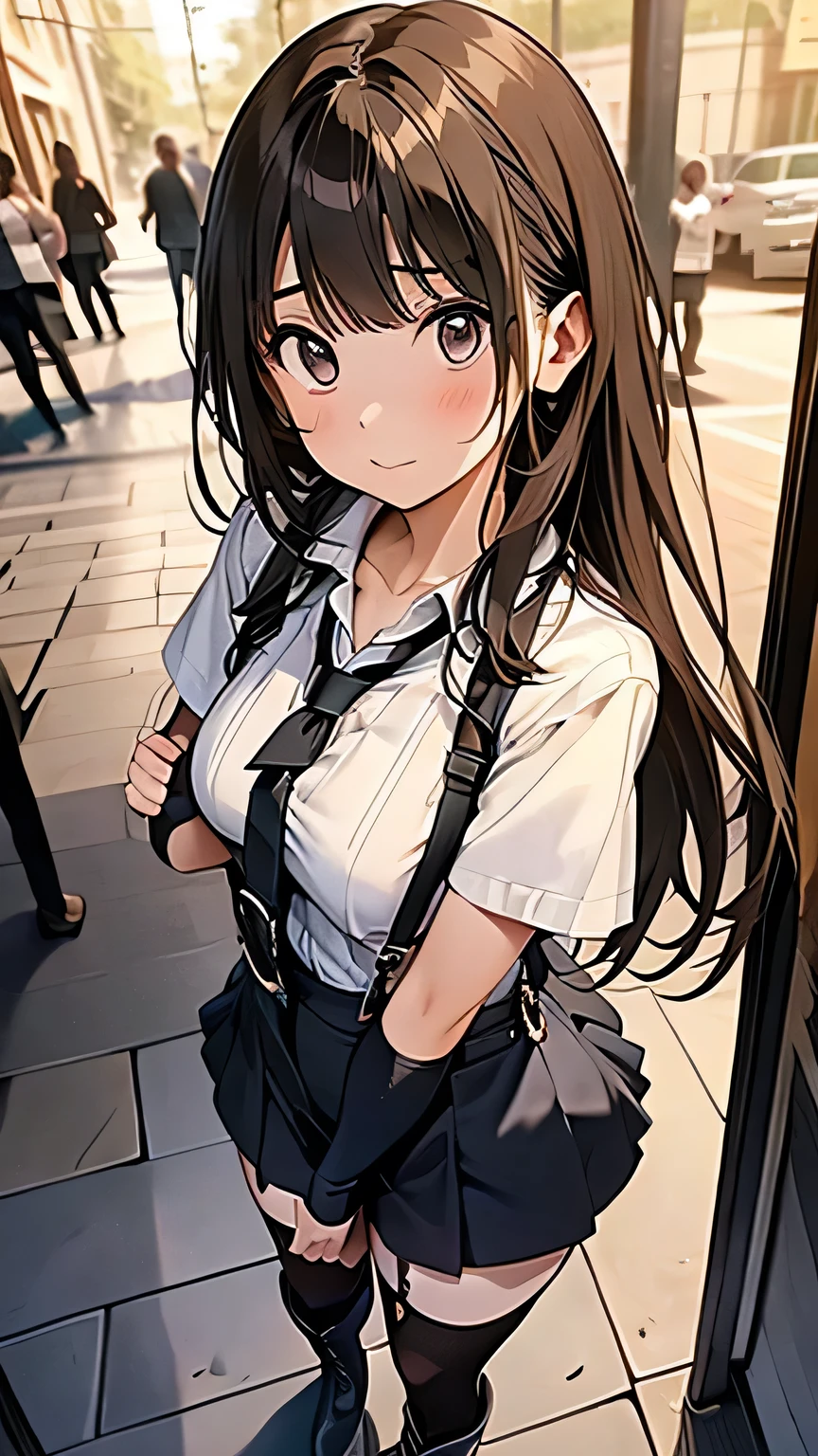 Brown hair、watching at viewers　　　black suspenders　　　Bulging big breasts　　 　 　　　walls: 　Black miniskirt　garters　　　　　　Gaze　　　Small face　bangss 　　　holster　　　Beautuful Women　　hands up　　レッグholster ベッドに横たわる　　Gaze 　black boots panty shot　provocation　flank　flank汗　soio 　arm
