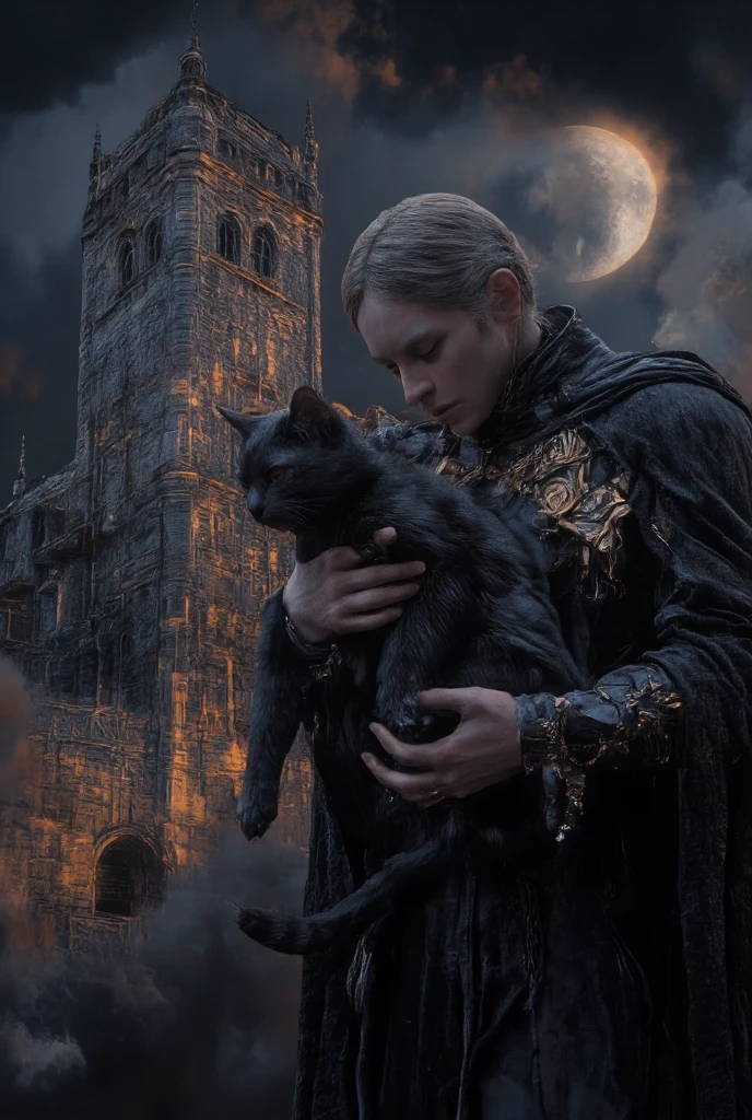 A live-action photo in 8K quality, a surrealist work of art, with the theme "My Journey with a Cat", featuring a black cat being held by "Dracula the Vampire" floating in the air, and a thin crescent moon floating above the Tower of London.