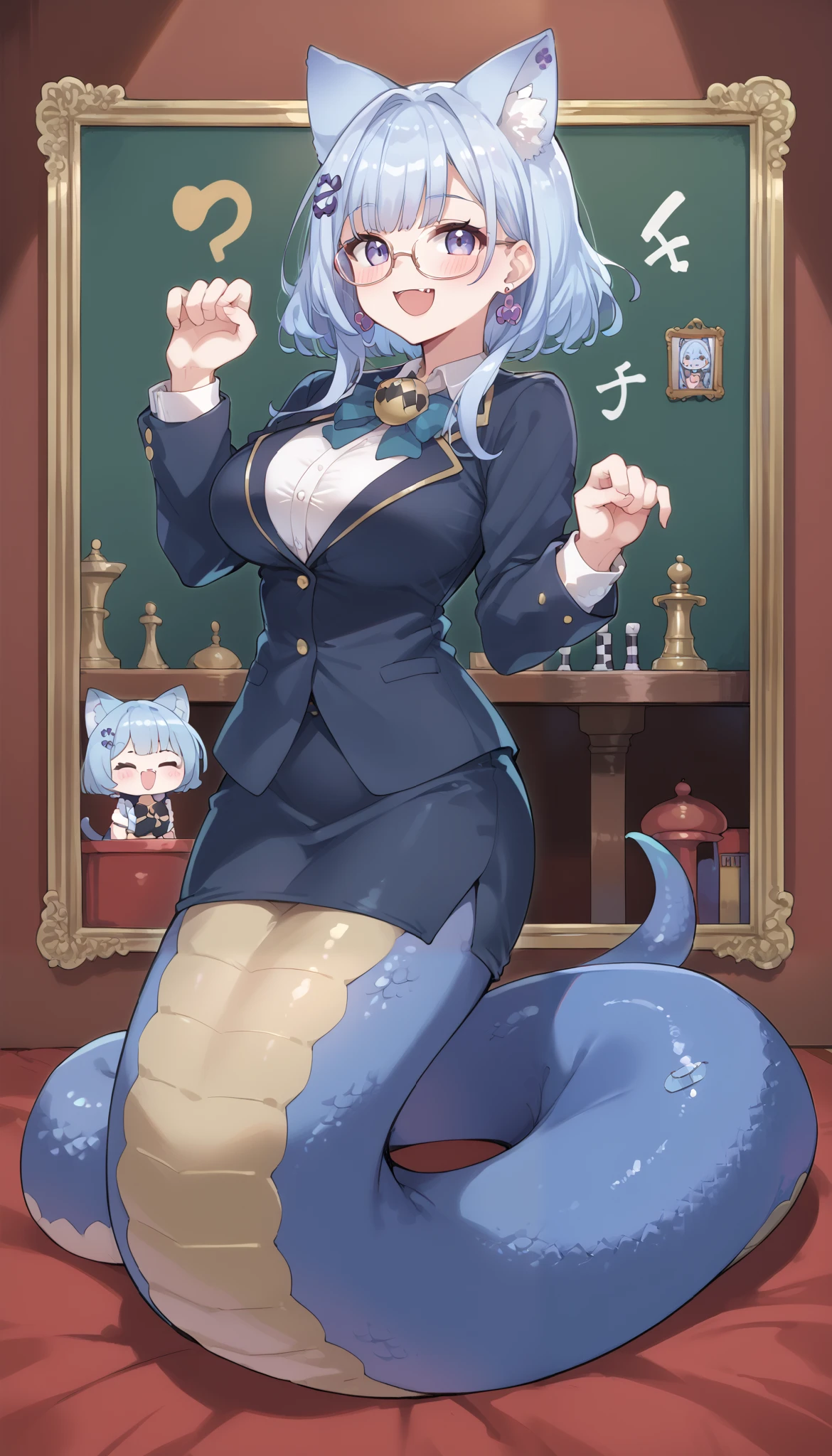 (Fraction_9:0.9),Fraction_8_up,Fraction_7_up,grade_of, Japanese Anime_style,(pdxl),(pdxl3),((独自of)), ( masterpiece),( Best Quality),(完整of五根手指), malicious chess piece Cheshire Cat, 1 Girl,独自of,black teacher uniform, glasses,Smile, earrings, Paw pose, with underwear , open mouth , blush, Big Breasts ,lamia,紫色of蛇女尾巴,Full body picture,shy