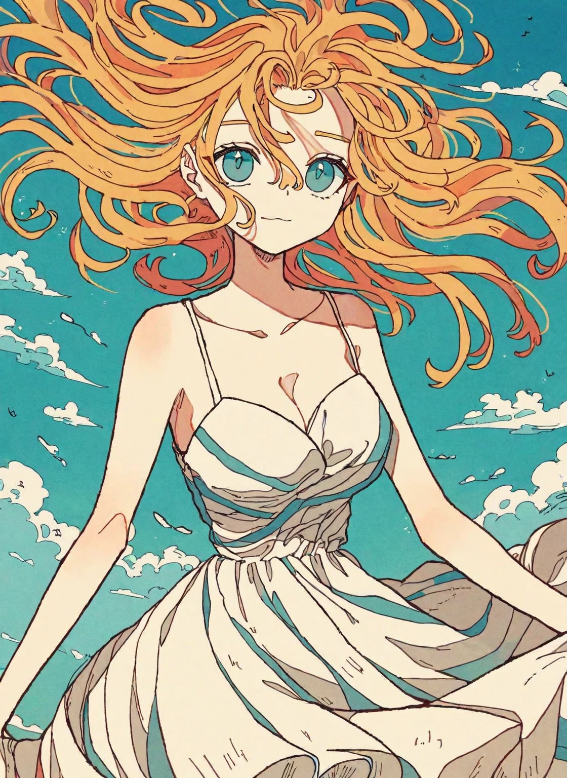 by tsvbvra by reiko
1girl, beautiful, cleavage
dress, floating hair, looking at viewer, bare shoulders, sleeveless dress, wind,
detailed eye
masterpiece, best quality, high quality,