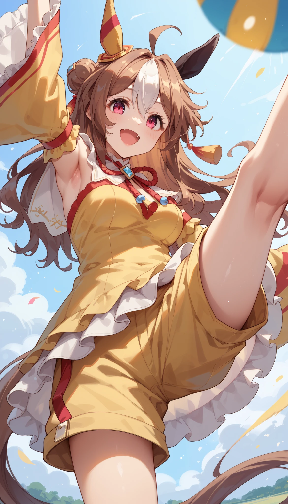 score_9, score_8_up, score_7_up, score_6_up, score_5_up, score_4_up, just describe what you want, tag1, tag2,
upper body,copano rickey \(umamusume\), 1girl,solo,horse ears, horse tail, detached wide sleeves, (yellow dress),((yellow shorts)),smile,open mouth, asymmetrical ear covers, tassel hair ornament, neck red ribbon,standing on one leg,(leg lift:1.3),spinning kick,from below,