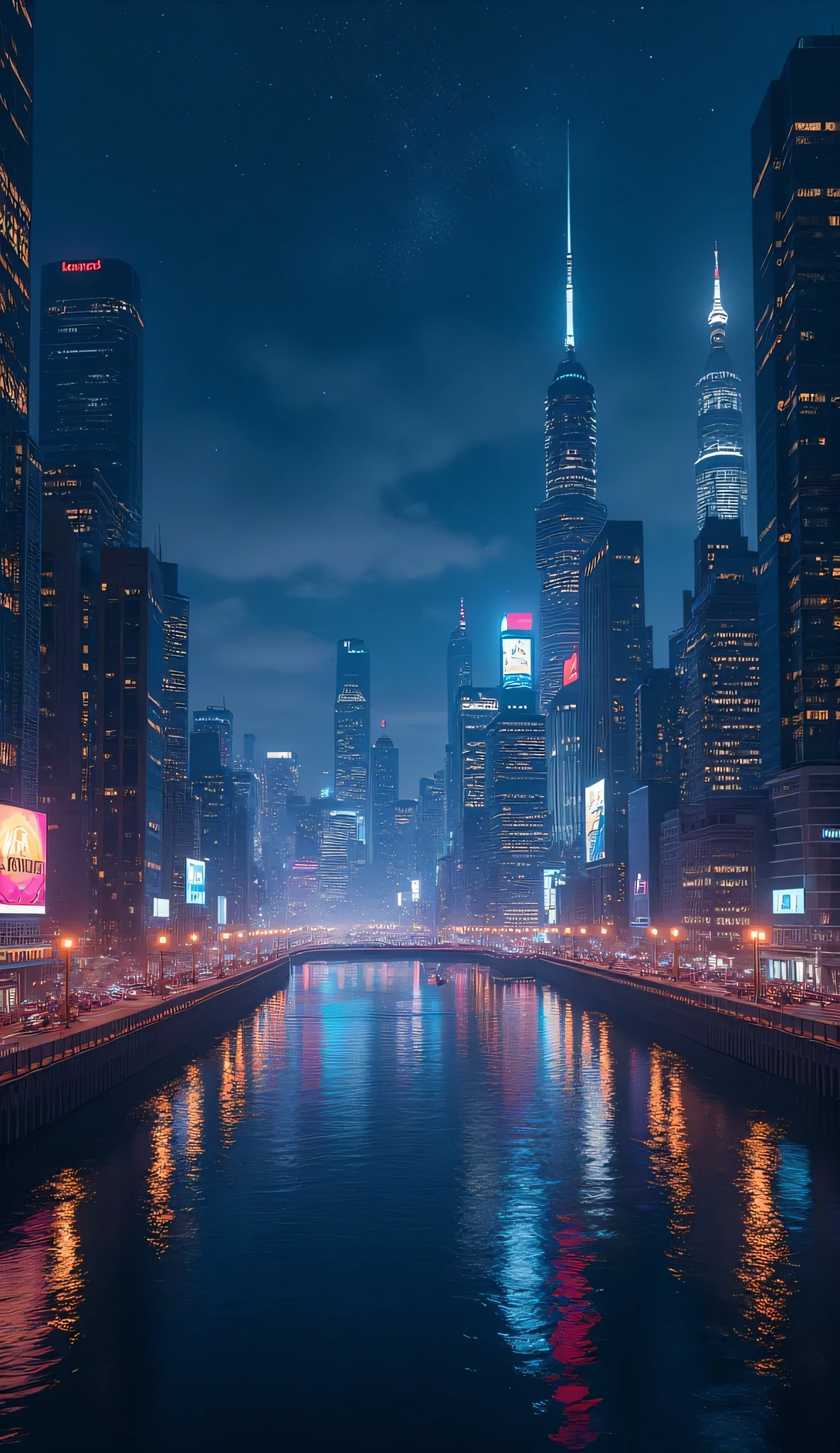 Nighttime view of a city with a river and a bridge - SeaArt AI