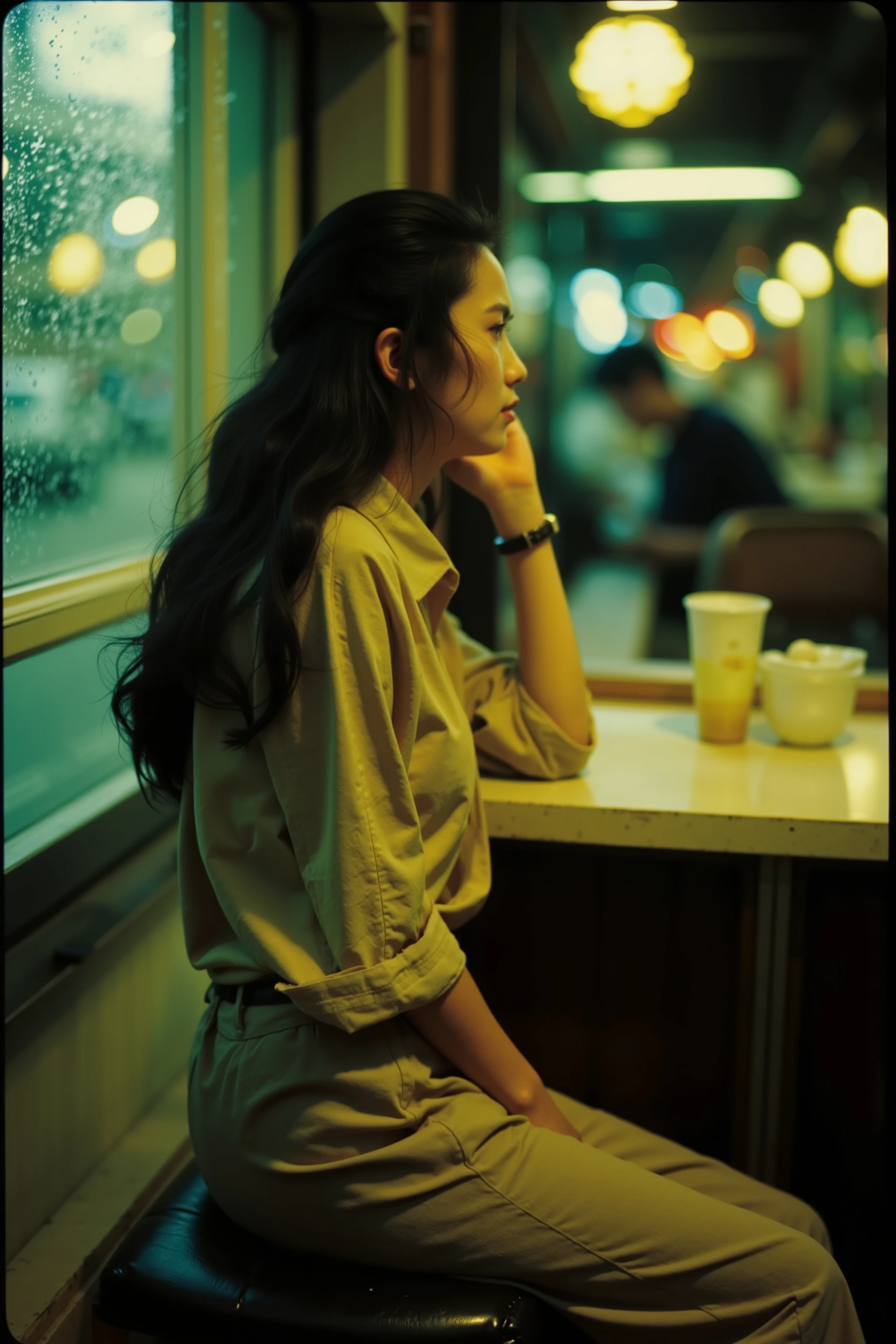 Professional photography, Wong Kar Wai movie lighting style, a charming sorrow Oriental beauty wearing vintage blouse and vintage khaki pants, she has messy long straight hair, she looking down, sitting lean back in corner of restaurant, window with raindrop, set in 80s Hongkong , bokeh