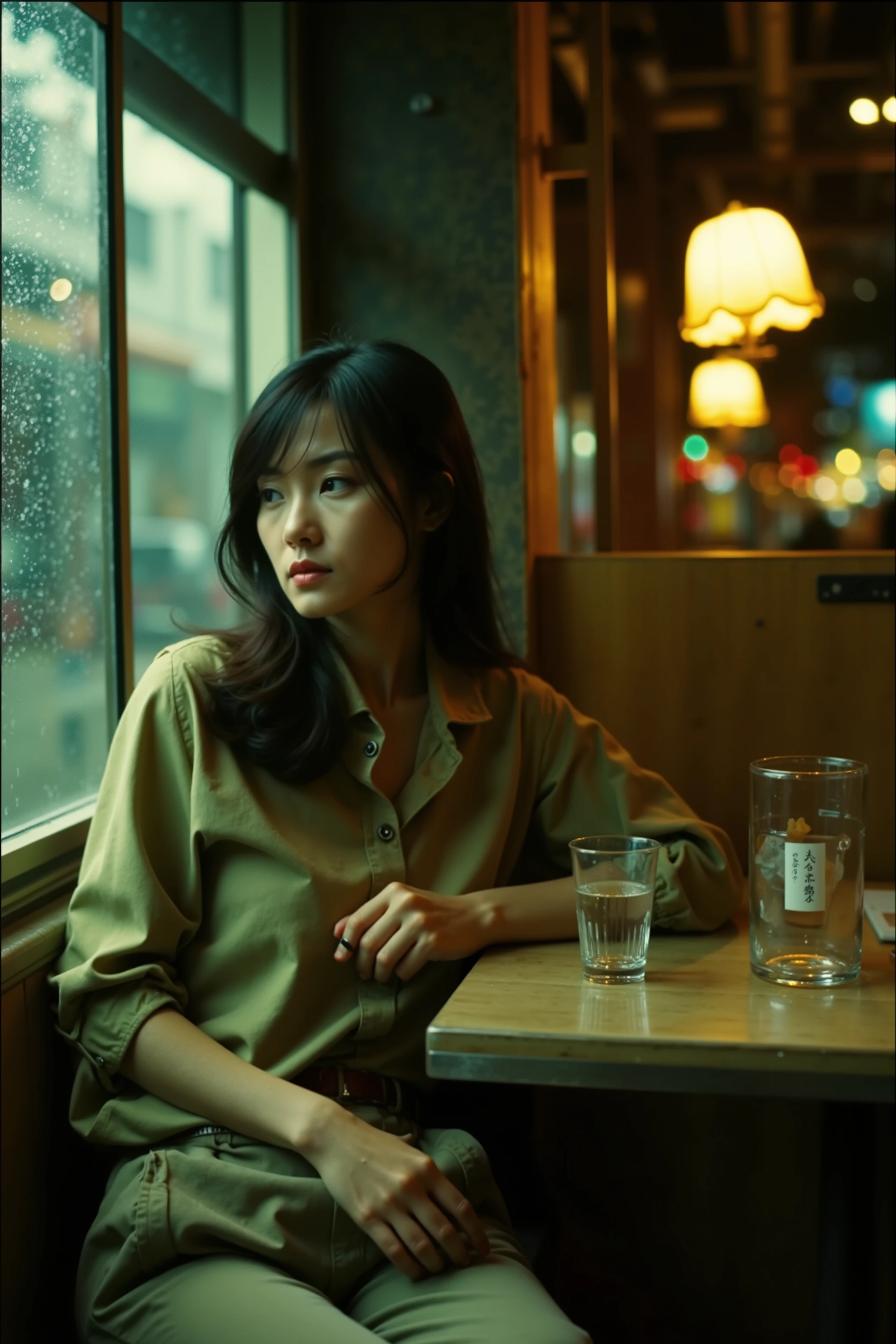 Professional photography, Wong Kar Wai movie lighting style, a charming sorrow Oriental beauty wearing vintage blouse and vintage khaki pants, she has messy long straight hair, she looking down, sitting lean back in corner of restaurant, window with raindrop, set in 80s Hongkong , bokeh