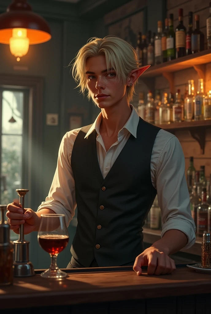 Adult man between 40 and 45 years of age, skinny, well-built, with English descent, green eyes, fine nose, long yellow hair tied in a ponytail, with quartz and pendulum in hand, and a glass of champagne, with a diamond in the middle of the eyebrows, with iridescent silk shirt and mannered. 