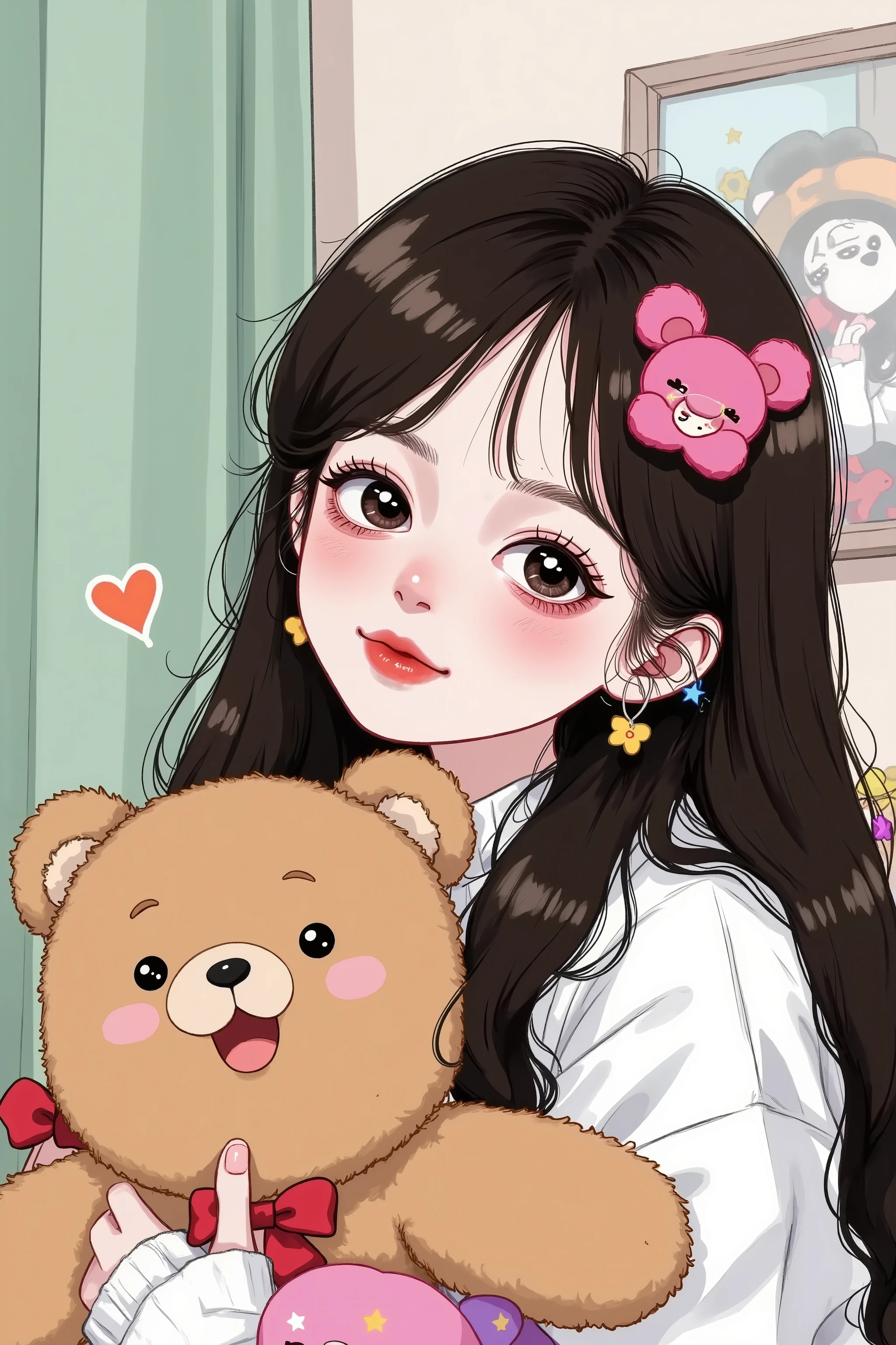 Anime Girl,long black hair ,Holding a teddy bear, anime visual of a cute girl, cute anime, Nezuko, cute anime girl, 🍁 cute, cute kawaii girl, cute anime style, flat anime style, extremely cute anime girl face, cute anime face, In anime style, 有长发的Anime Girl, Animated Cute Style