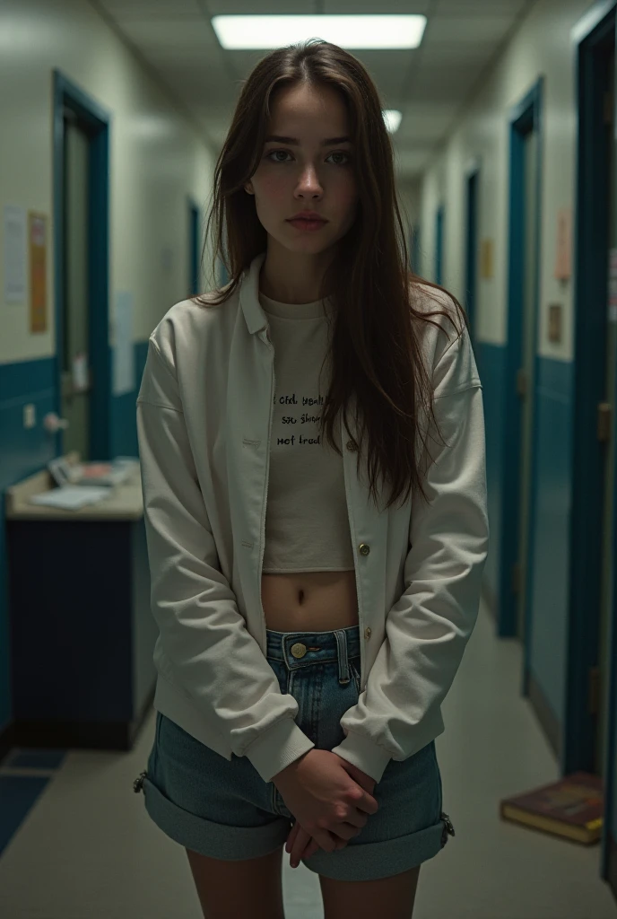 A tombstone or grave from which half of a young zombie's body is visible in a central and frontal angle towards the camera. She is wearing a modern and casual outfit. Only half of his body is seen. is looking at the camera. The background is a single color, It's like a studio photograph. It's a fun and cool photo