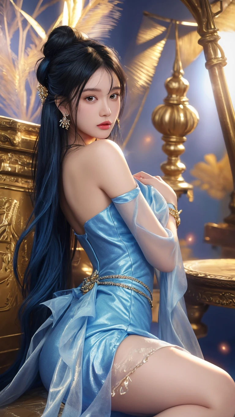 A subtle Chinese woman with a subtle characteristic, sexy, a smooth tan tan tone, blue hair, and blue hair are decorated with countless complex vortex elements, afraid girl trying to look back in fear. Her skirt is lifted and her back is almost bare, her ass is visible, gears, flower patterns, beads Hanging gorgeous jewelry conveys a tranquil contemplation; the Victorian style inspired by steam punk is injected into organic and mechanical aesthetics; the tranquil statue postures tranquility. elegant pose, the hands infront of body