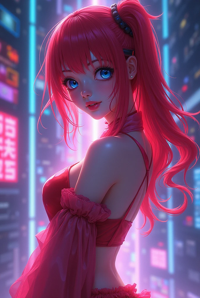 8K, UHD, 3D, Beautiful happy Japanese woman, (full-length body), with a bright sexy, depraved aura that lights up the universe with neon lights (fantasy), Ethereal digital anime- the ideal female figure is transformed into full-length, with a perfect beautiful face, blue eyes and a wide smile, with red hair. This stunning image is a vivid painting, carefully executed using vibrant colors and striking details. The laconic futuristic design of the avatar creates a feeling of unearthly beauty thanks to the bright neon images that seem to pulsate with energy. Each pixel is carefully drawn, conveying character and an attractive presence in the smallest detail. This mesmerizing image invites viewers to immerse themselves in the fantastic world of imagination and the universe. Clear details of all body parts. Good mood.