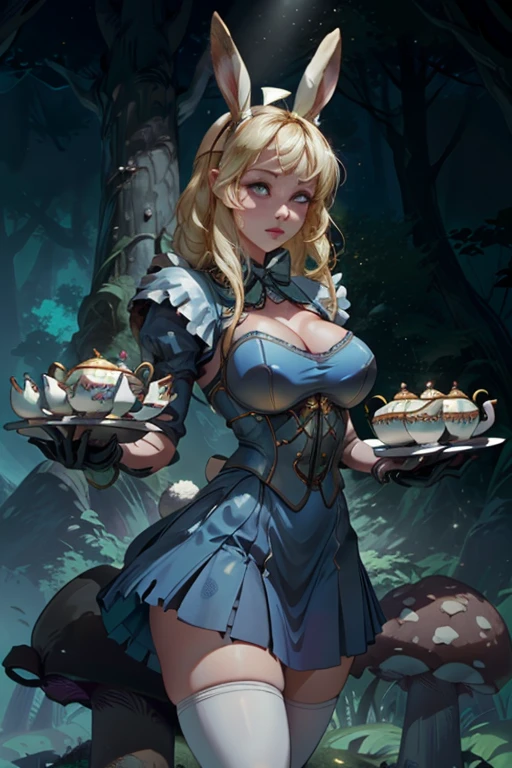 score_9, score_8_up, score_7_up, score_6_up, score_5_up, huge breasts, bunny ears, upper body portrait, expressive eyes, perfect face, blonde hair Alice in wonderland British supermodel looking at viewer dressed in victorian lace dress, huge natural breasts, English enchanted forest background, sitting at table enjoying tea party, rose tea cups, tea set, hands out of frame