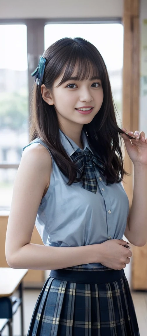 Highest quality、masterpiece、8k、Very detailed、Realistic、One girl、Looking at me with a smile、Black Hair、Short Hair、Small face、Slender、(Big Breasts:1.5)、Thin and beautiful legs、narrow and constricted waist,、Young face、A tight-fitting short-sleeved white shirt with buttons and a collar、Short navy blue pleated skirt、Red ribbon on chest、(Erect nipples:1.2)、(Only the middle button of the shirt is undone)