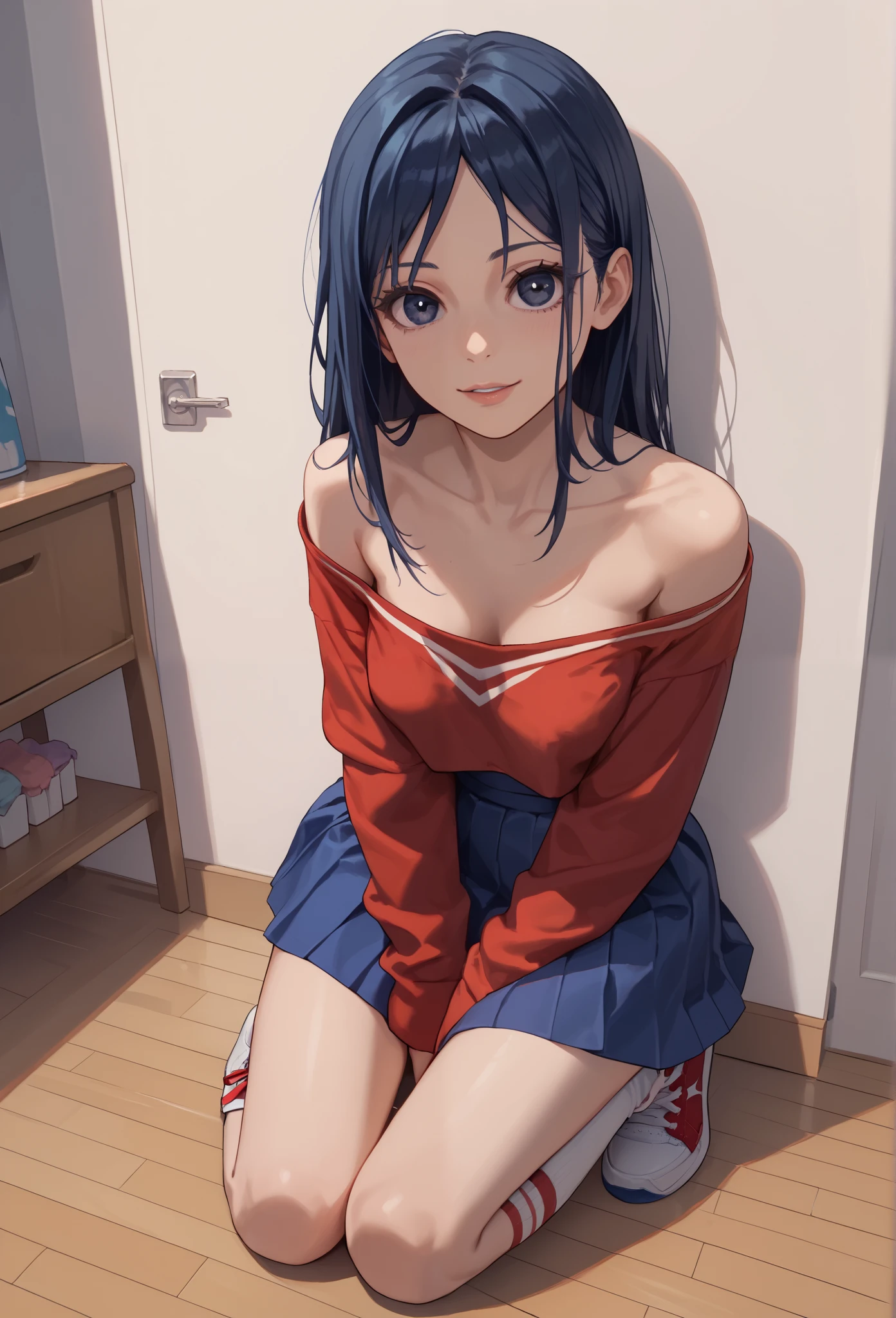 1 woman, Yandere, Mita, Miside, dark blue eyes, blue hair, Red diadem, off shoulder, cute, red blouse, downblouse, blue skirt, Red long socks, white sneakers, camgirl