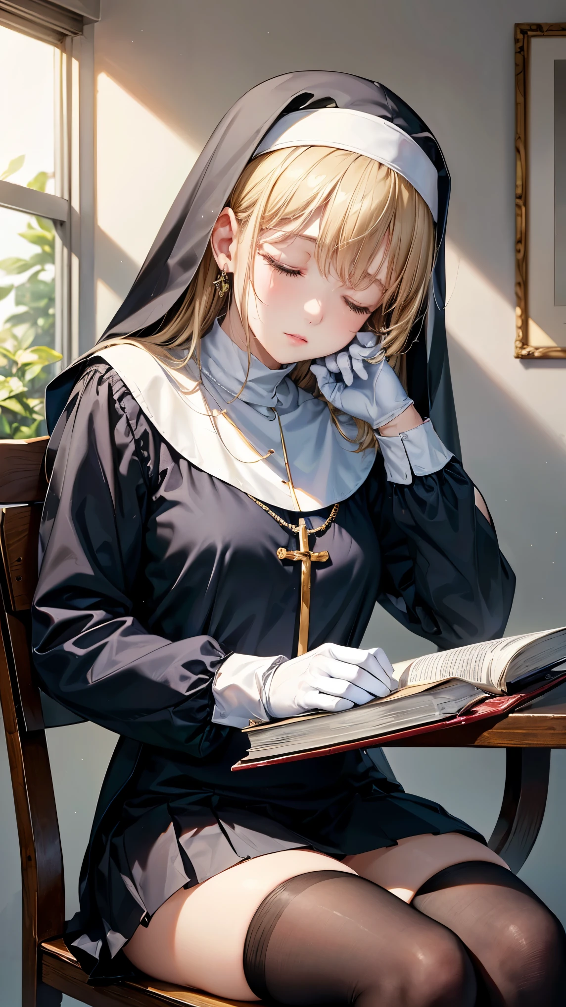 1 girl , long blonde hair ,((Cute sleeping face)),(( nun in religious costume sleeping on a book )),((4K,8k,CG Unity,Masterpiece,Masterpiece, best quality :1.5)),Official image,Perfectly correct anatomy,(( realistic:1.2)), bust up,Perfect beautiful girl , very cute face, Beautiful Woman, Supermodel , Beautiful Touch in Every Detail , beautiful lips, High Definition Acrylic Painting , Very Beautiful and Smooth Hair , Professional Writing ,(( putting a book on your lap )),Perfect hand shape, black pleated micro mini skirt, Black Thigh High Stockings ,white gloves, Small Sparkling Earrings ,Bright window background,gentle sunlight ,(( sleeping sitting on a chair:1.3)),((とてもCute sleeping face)),(( side composition)),Very cute,Best Work of Art ,Very fantastic,Very healing atmosphere