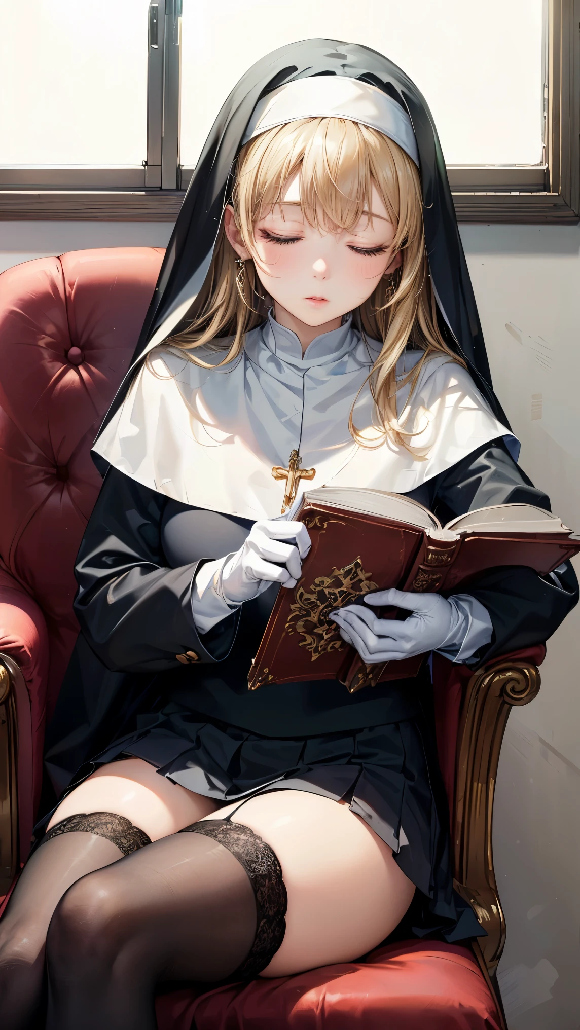 1 girl , long blonde hair ,((Cute sleeping face)),(( nun in religious costume sleeping on a book )),((4K,8k,CG Unity,Masterpiece,Masterpiece, best quality :1.5)),Official image,Perfectly correct anatomy,(( realistic:1.2)), bust up,Perfect beautiful girl , very cute face, Beautiful Woman, Supermodel , Beautiful Touch in Every Detail , beautiful lips, High Definition Acrylic Painting , Very Beautiful and Smooth Hair , Professional Writing ,(( putting a book on your lap )),Perfect hand shape, black pleated micro mini skirt, Black Thigh High Stockings ,white gloves, Small Sparkling Earrings ,Bright window background,gentle sunlight ,(( sleeping sitting on a chair:1.3)),((とてもCute sleeping face)),(( side composition)),Crossing legs, Black Lace Satin Panties ,Very cute,Best Work of Art ,Very fantastic,Very healing atmosphere