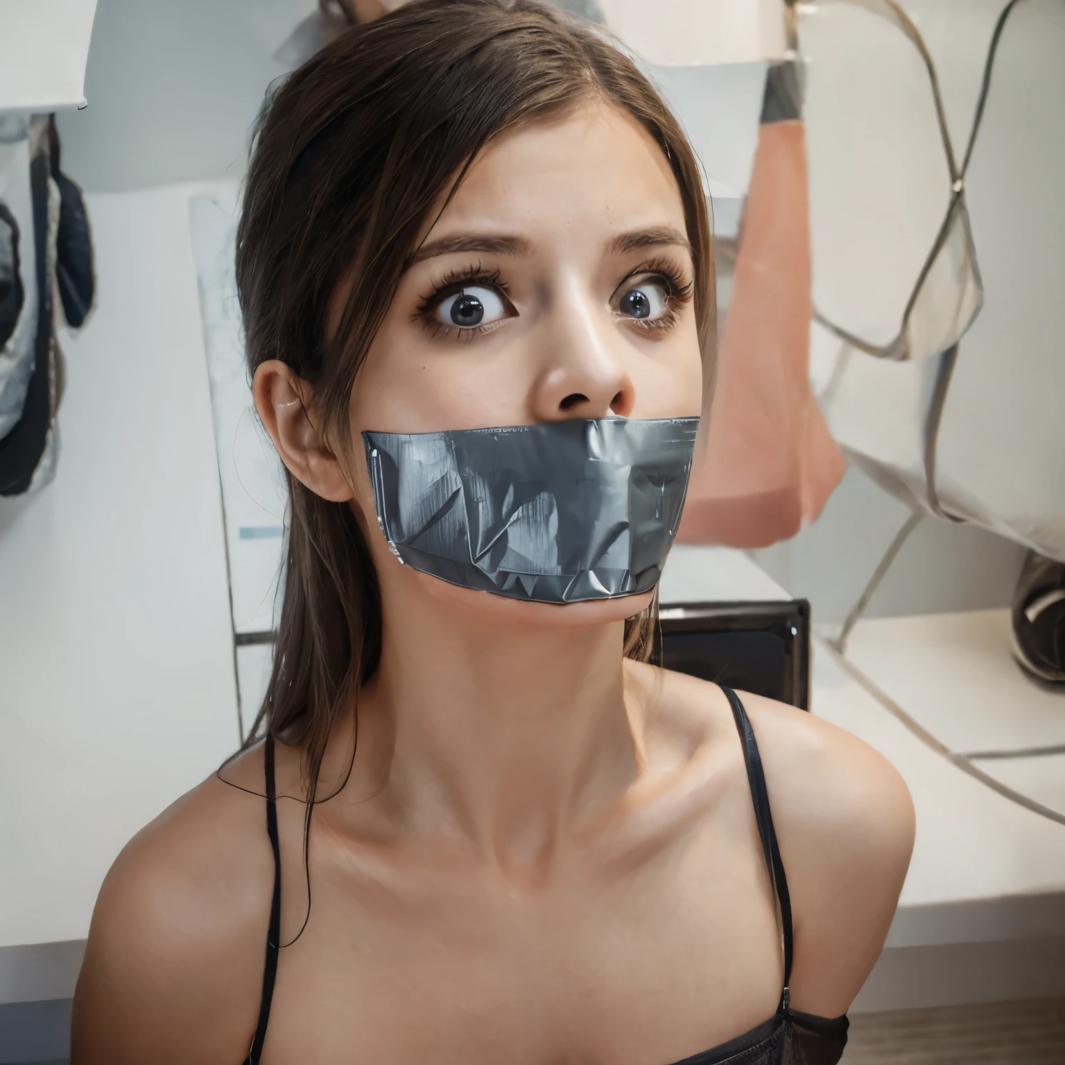 high detail, masterpiece, a beautiful girl's face, slightly wavy, shoulder length, shiny black hair, large, shiny dark eyes, small, straight nose, mouth gagged, mouth stuffed with rags and sealed with duct tape, tape gagged, three asterisk shaped strips of duct tape seal the girl's mouth tightly, the girl's erect nipples can be seen beneath the transparent sheer dress she is wearing,